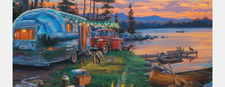 Puzzle depicting a serene lakeside camping scene at sunset, designed to aid dementia engagement.