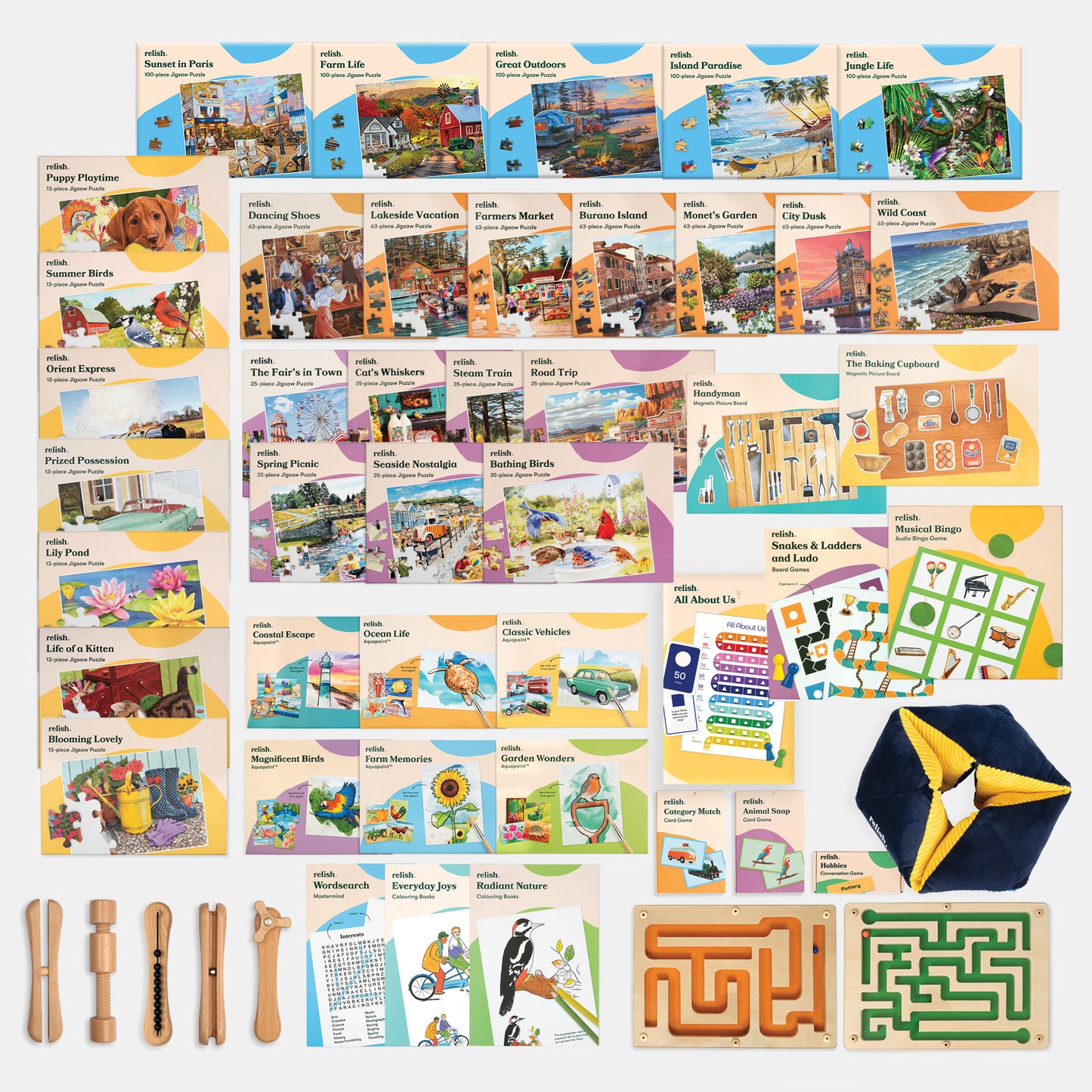 Puzzle and game collection for dementia care homes, featuring arts, crafts, and sensory toys for elderly engagement and joy.