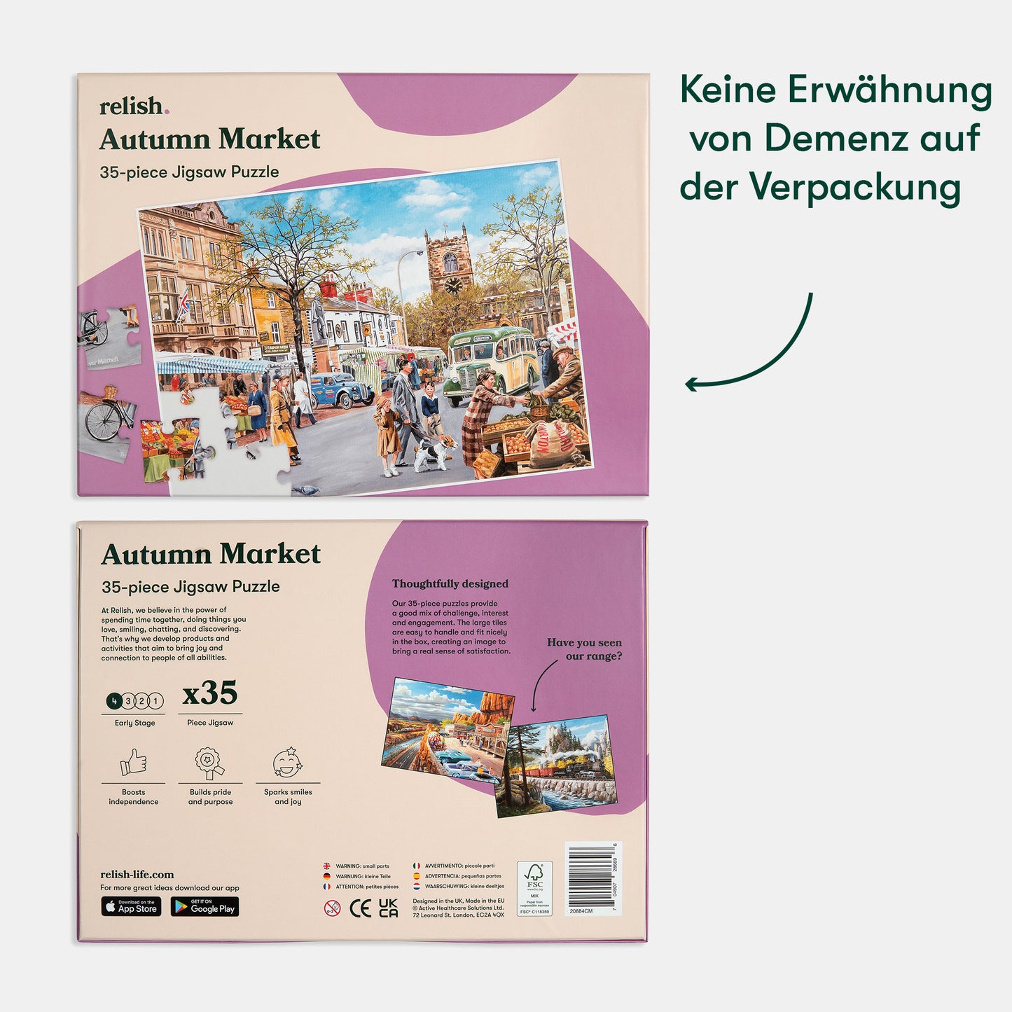 Jigsaw puzzle box for dementia patients, featuring an autumn market scene, ideal for care home activities and dementia gifts.|market_de