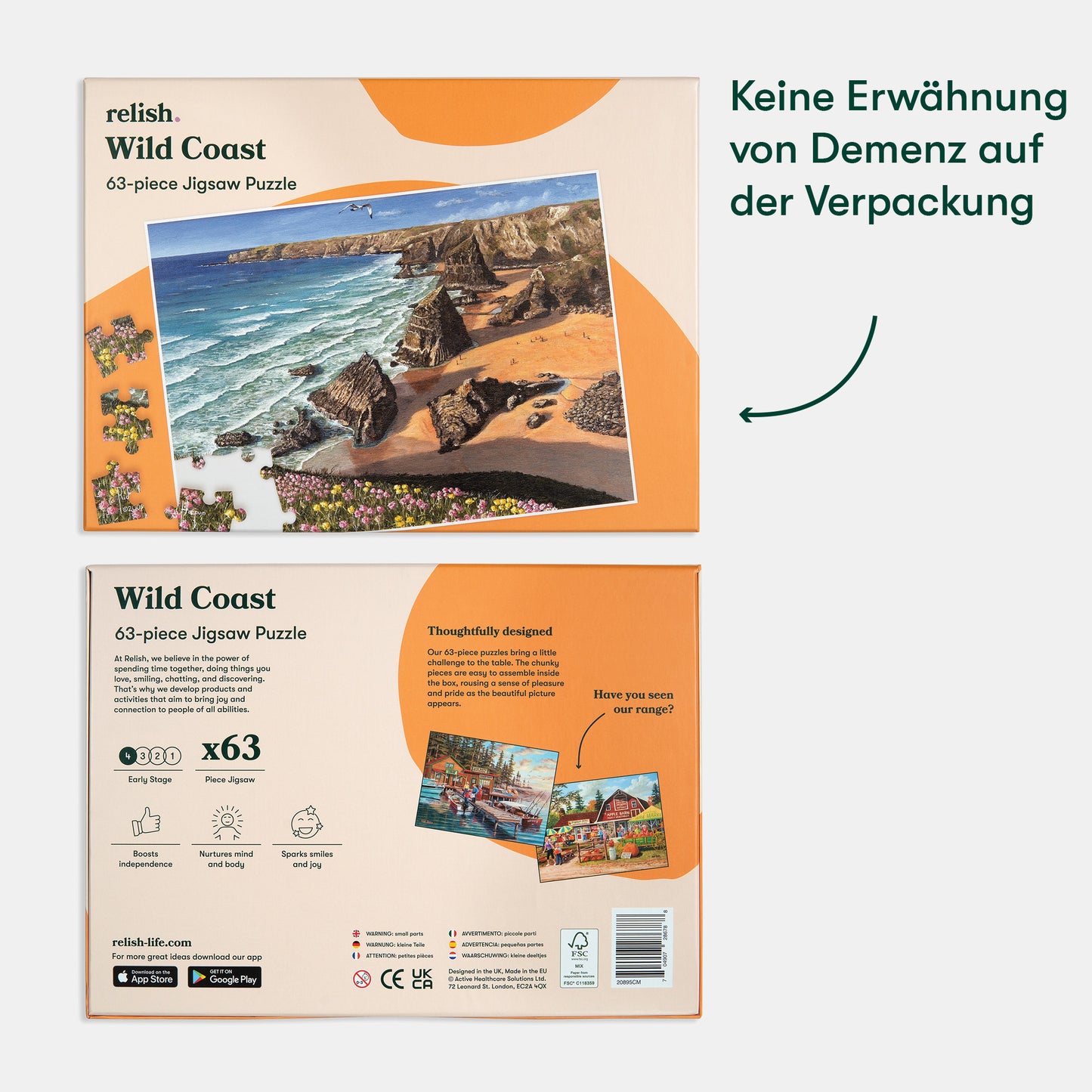 Jigsaw puzzle box with coastal image, designed for dementia activities, care homes, and elderly engagement by Relish Life.|market_de