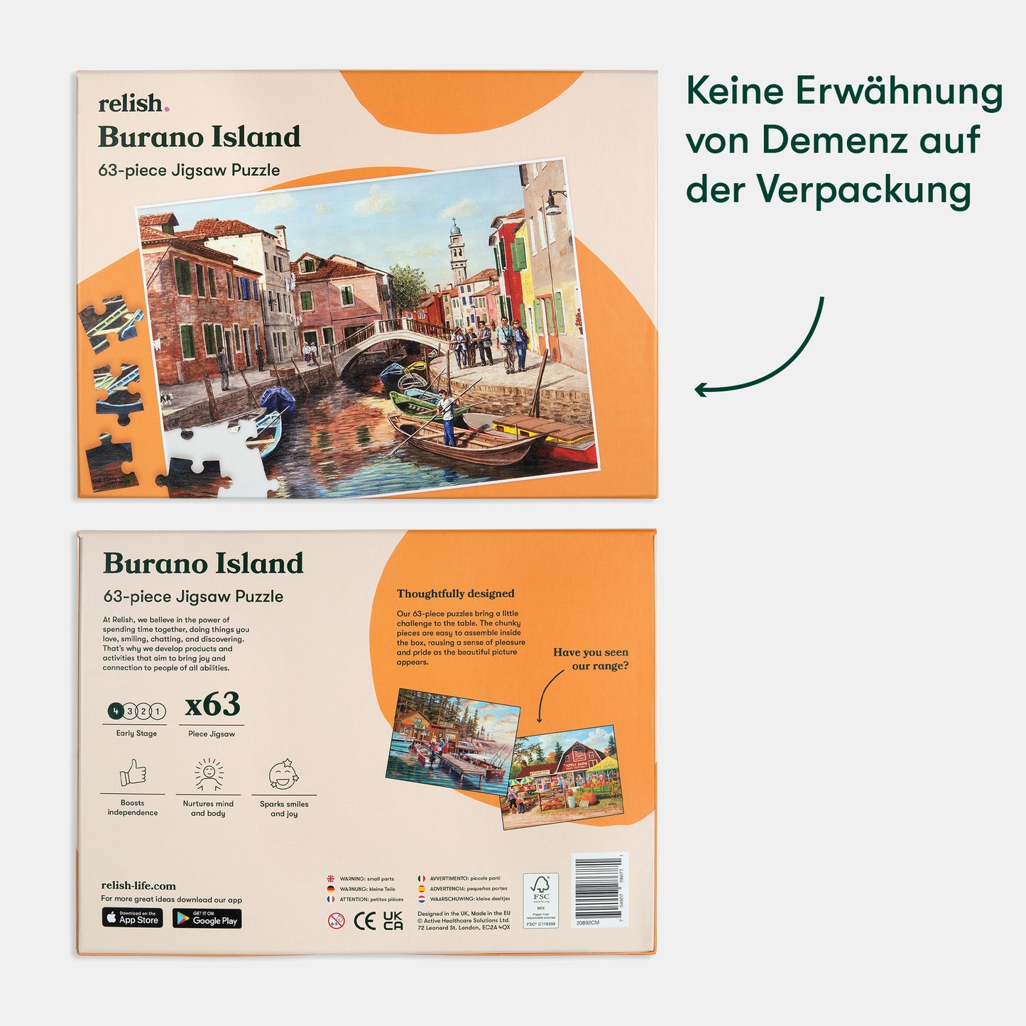 Puzzle box for dementia patients, featuring a colorful Burano Island scene, ideal for care home activities and gifts.|market_de