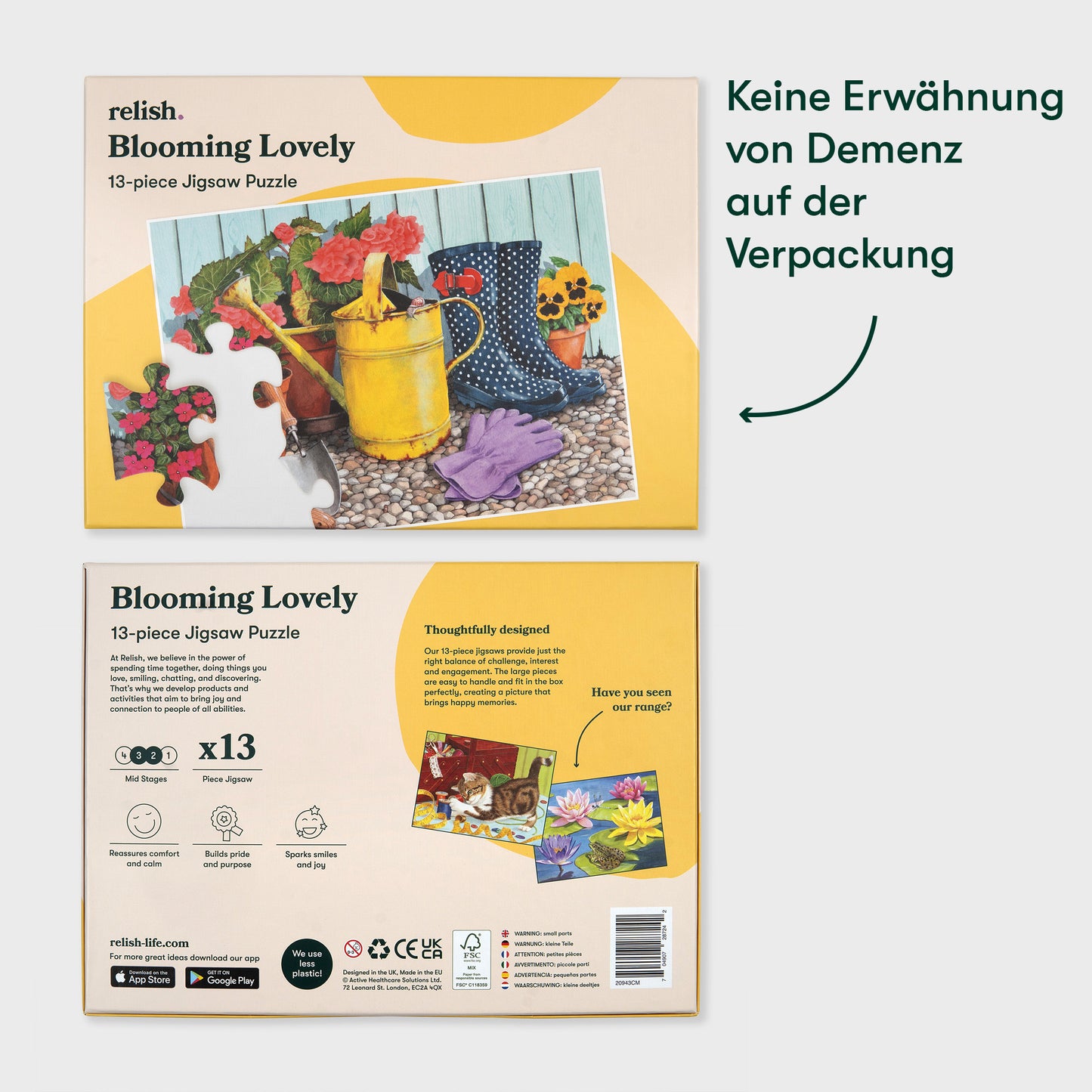 Puzzle box with garden scene, ideal for dementia activities, care homes, and elderly engagement. Relish Life product.|market_de