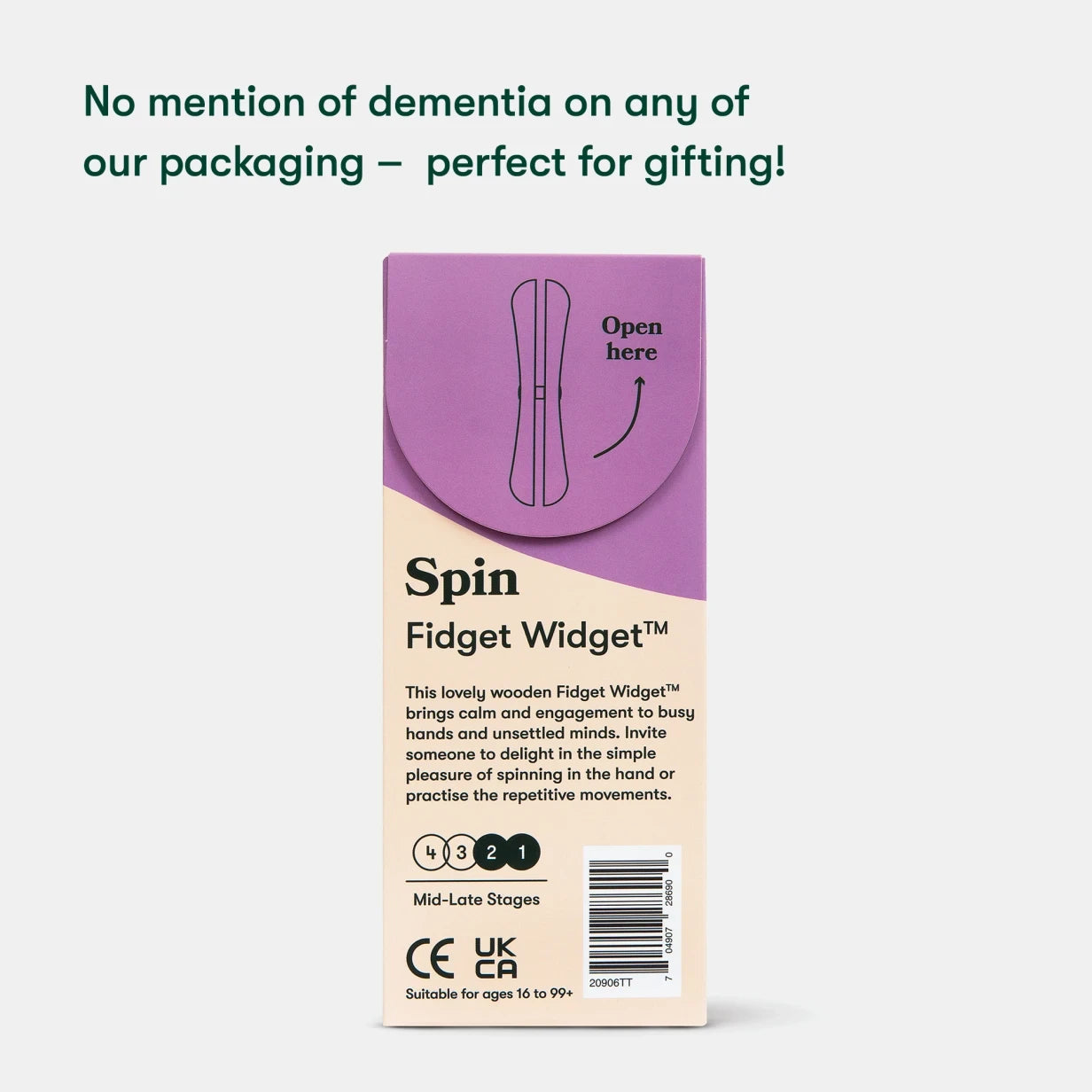 Fidget Widget packaging for dementia care, ideal for gifts. Engages elderly in care homes with calming activities.