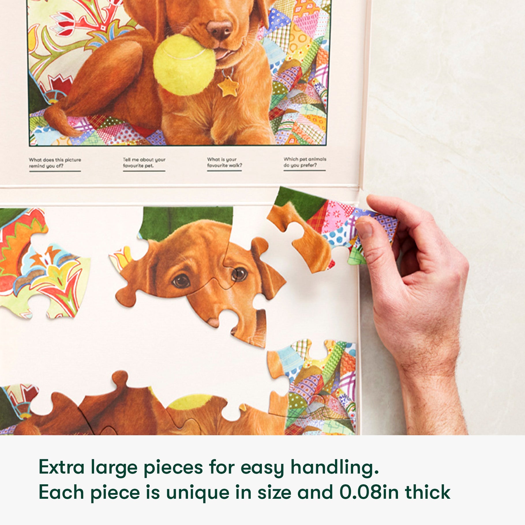 Puzzle with large pieces showing a dog, ideal for dementia activities, promoting engagement for elderly in care homes.
