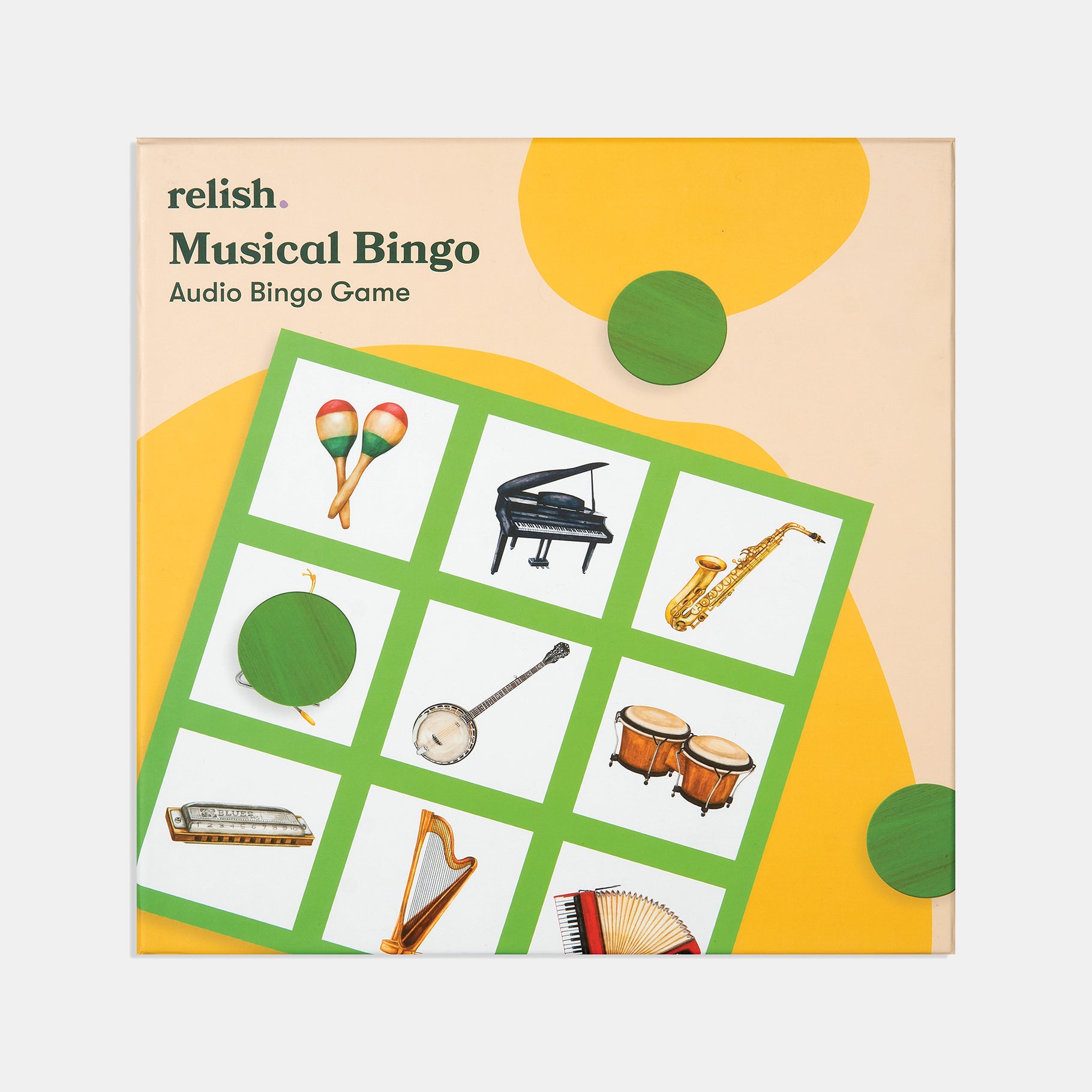 Musical Bingo game for people living with dementia, featuring instruments, ideal for care home activities and gifts for the elderly.
