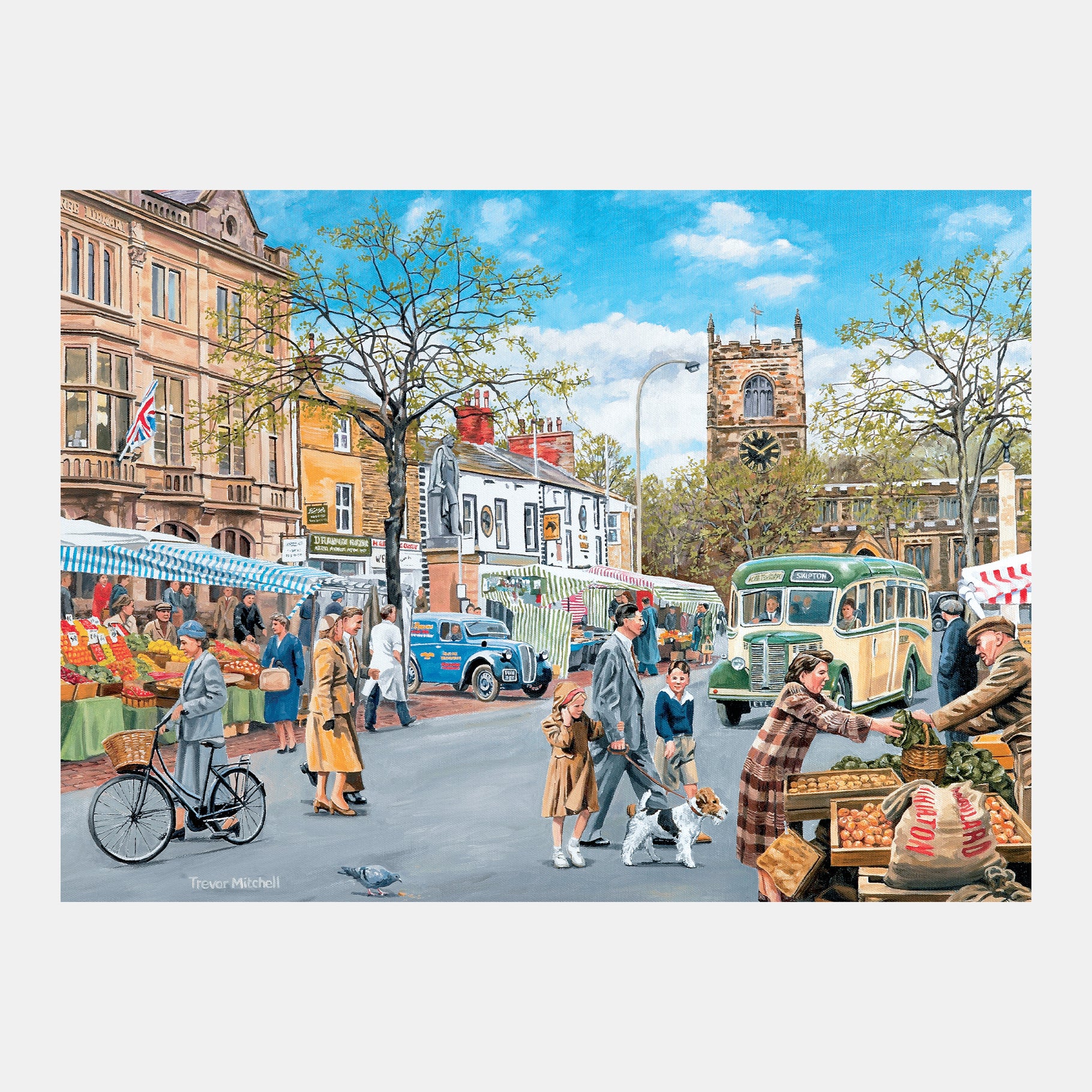 A vibrant market scene with people shopping, ideal for dementia activities, care home engagement, and Alzheimer's gifts.