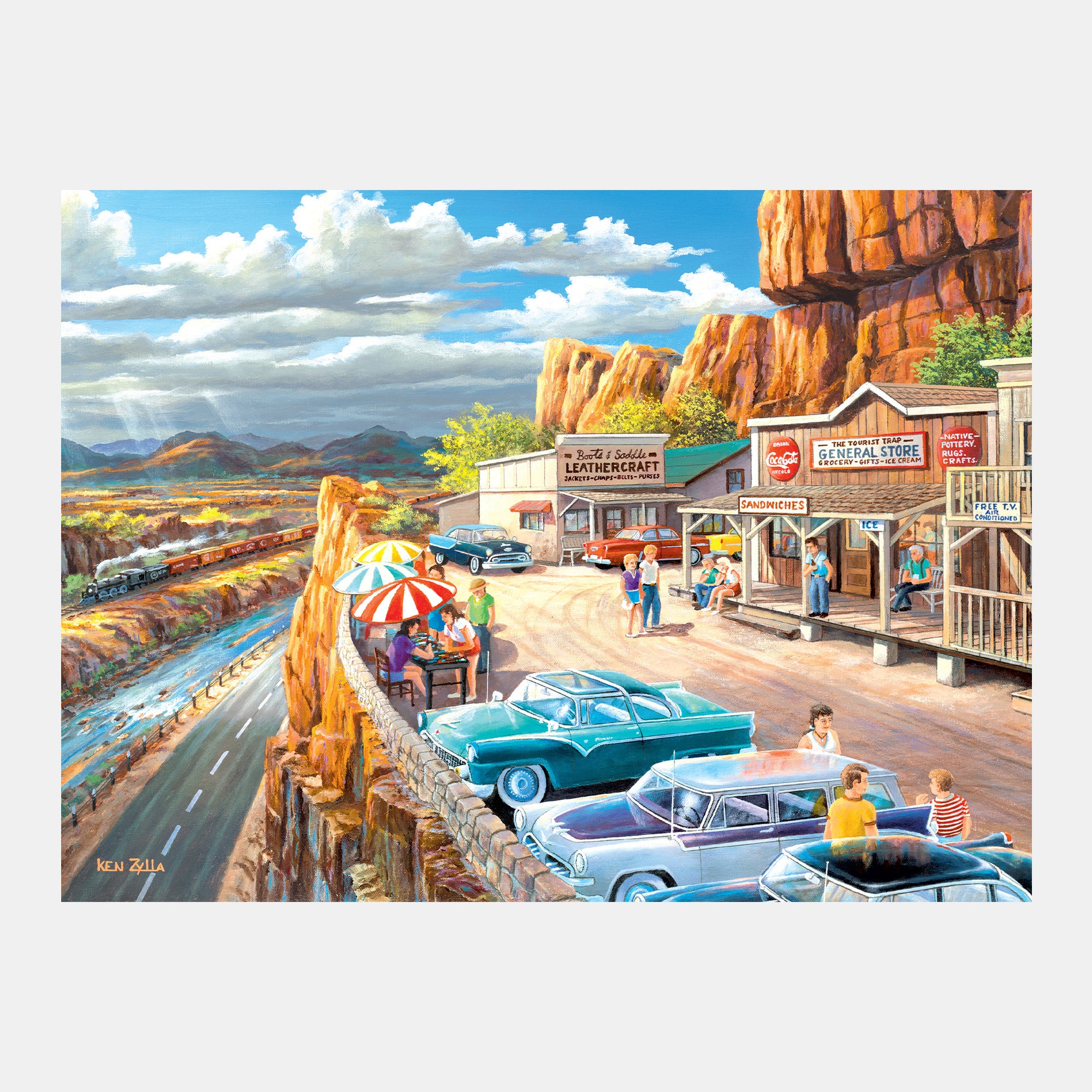 A vibrant 1950s scene with vintage cars and shops, ideal for dementia activities like puzzles and reminiscence therapy.