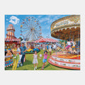 A vibrant fair scene with carousel, Ferris wheel, and families enjoying activities for people living with dementia and care home residents.|market_au_ca_dk_fi_fr_international_ie_it_nl_pt_es_se_gb_us