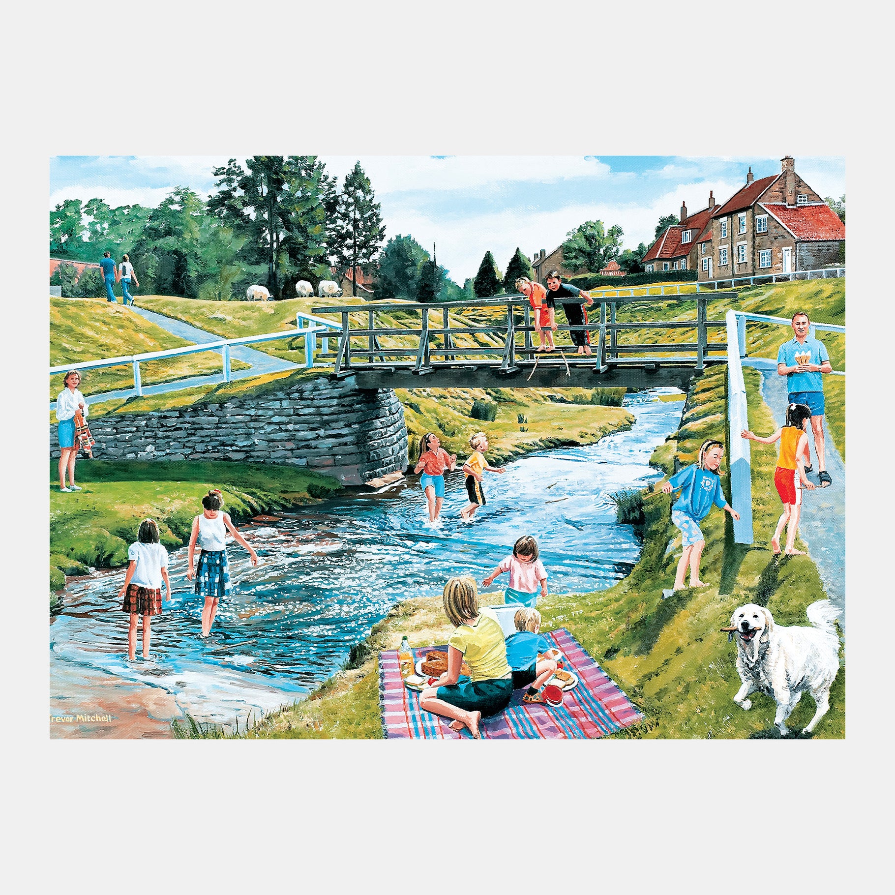 Children play by a stream, perfect for dementia-friendly activities and reminiscence. Ideal for care home engagement and joy.