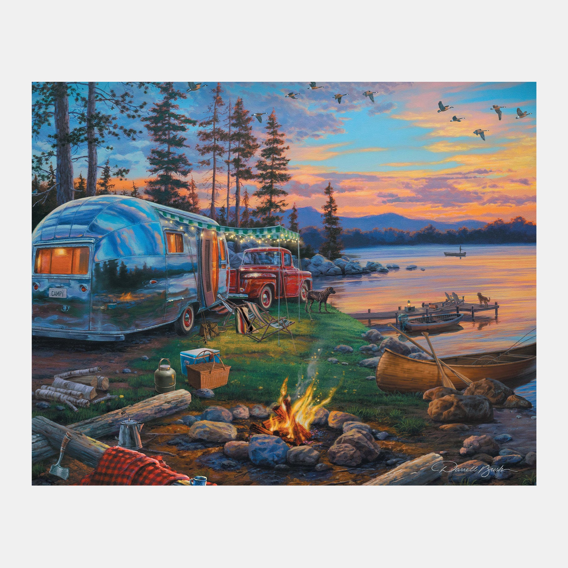A serene lakeside camping scene at sunset, ideal for dementia activities like reminiscence and sensory engagement.