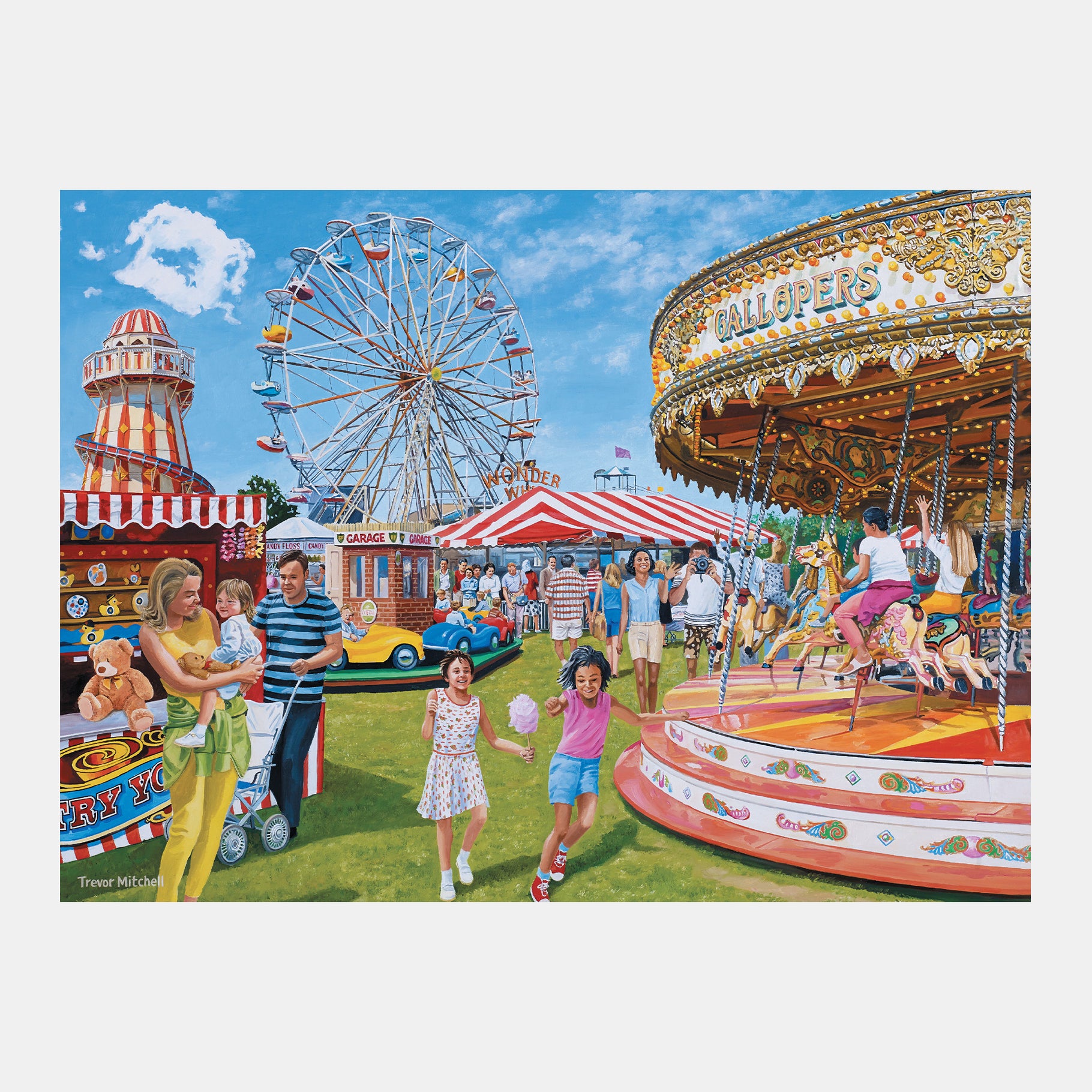 Families enjoy a vibrant fairground with rides and games, ideal for dementia-friendly activities and gifts for elderly care.