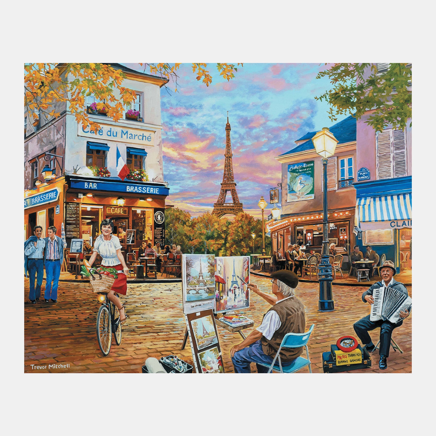 Paris street scene with artist painting, perfect for dementia activities like puzzles and arts for elderly in care homes.