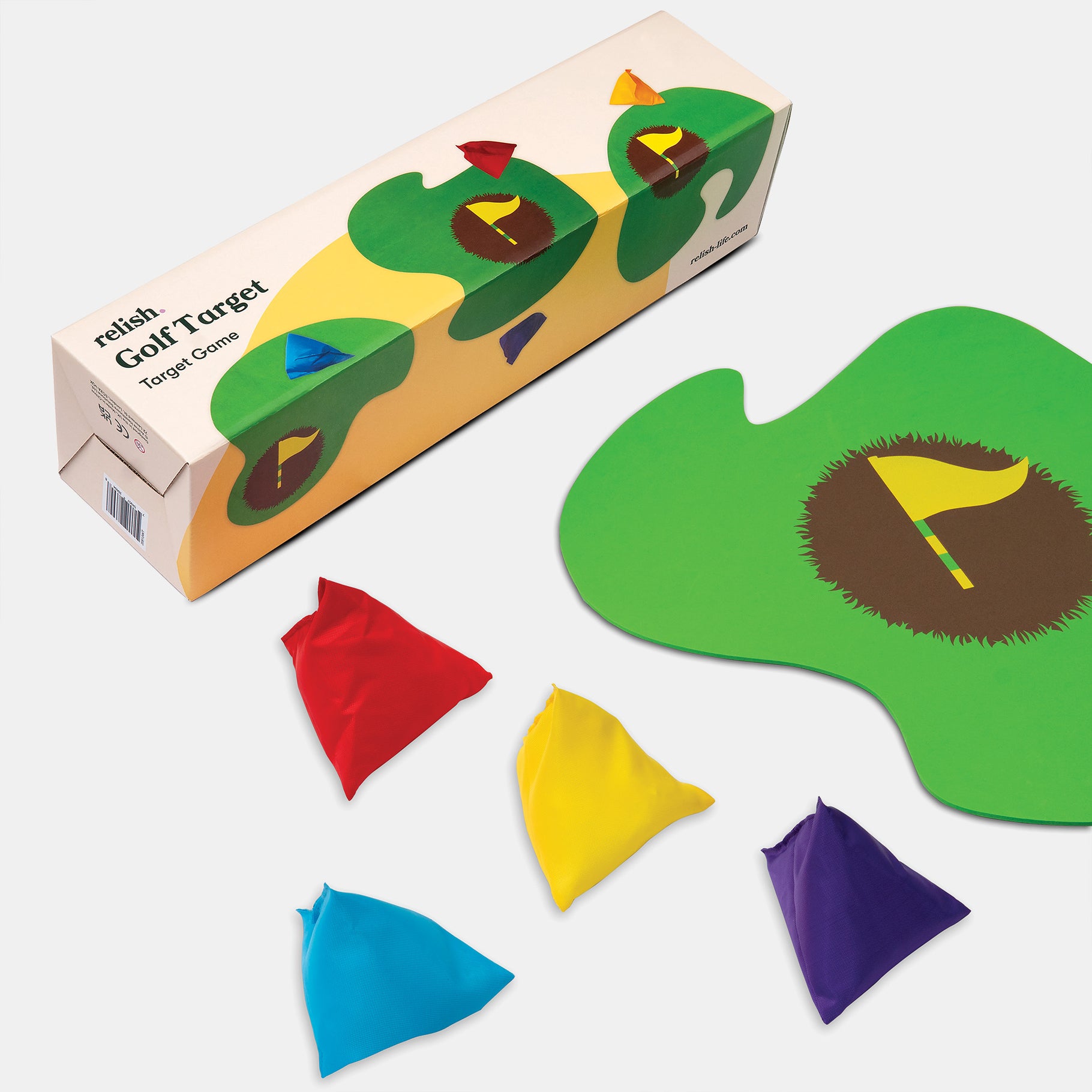 Golf target game for people living with dementia, featuring colorful bean bags and mat, ideal for care home activities and engagement.