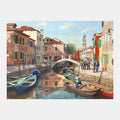 Canal scene with colorful buildings and boats, ideal for dementia activities like puzzles, arts, and crafts for elderly care homes.|market_au_ca_dk_fi_fr_international_ie_it_nl_pt_es_se_gb_us