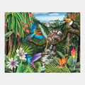 Jungle scene with vibrant birds and monkeys, ideal for dementia-friendly activities, arts, and crafts in care homes.|market_au_ca_dk_fi_fr_international_ie_it_nl_pt_es_se_gb_us
