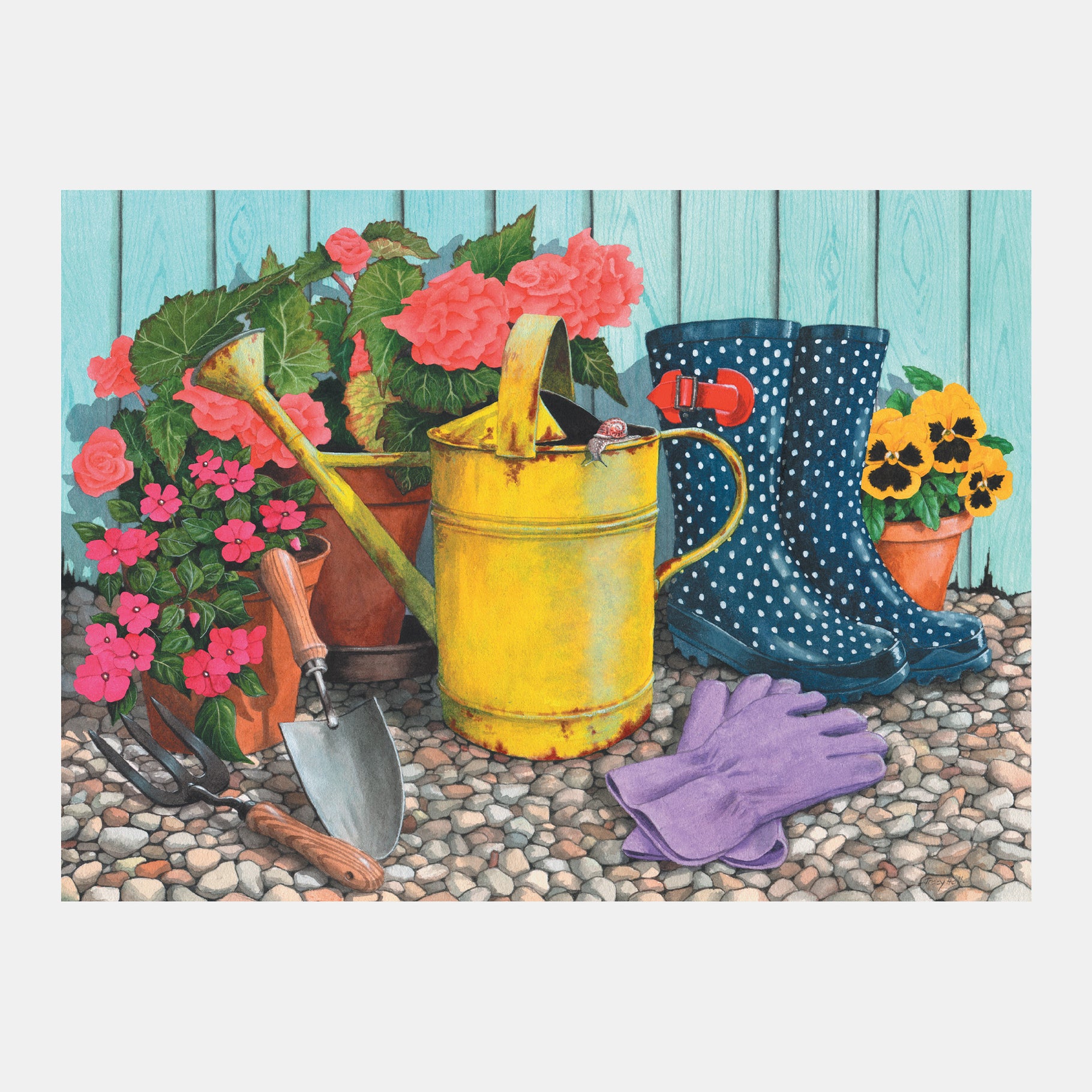 Gardening tools, flowers, and boots on pebbles. Ideal for dementia activities, crafts, and gifts for elderly care homes.