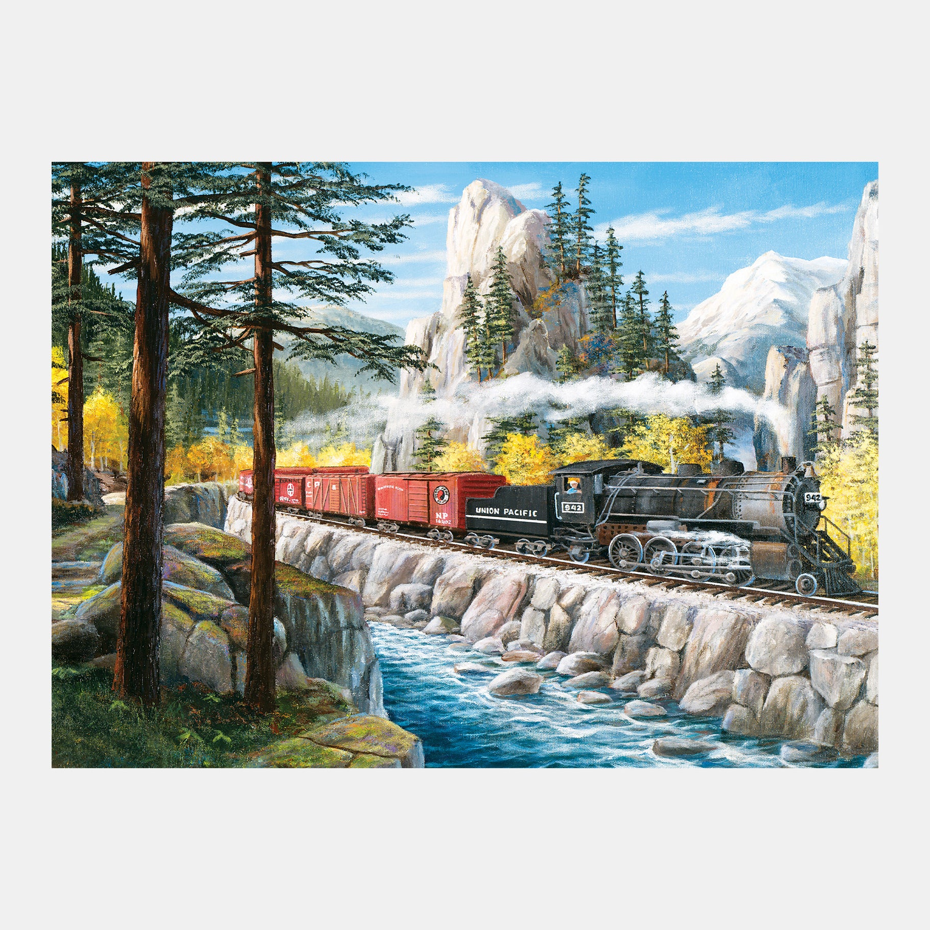 Steam train in scenic mountains, ideal for dementia puzzles and activities for elderly in care homes, fostering engagement.