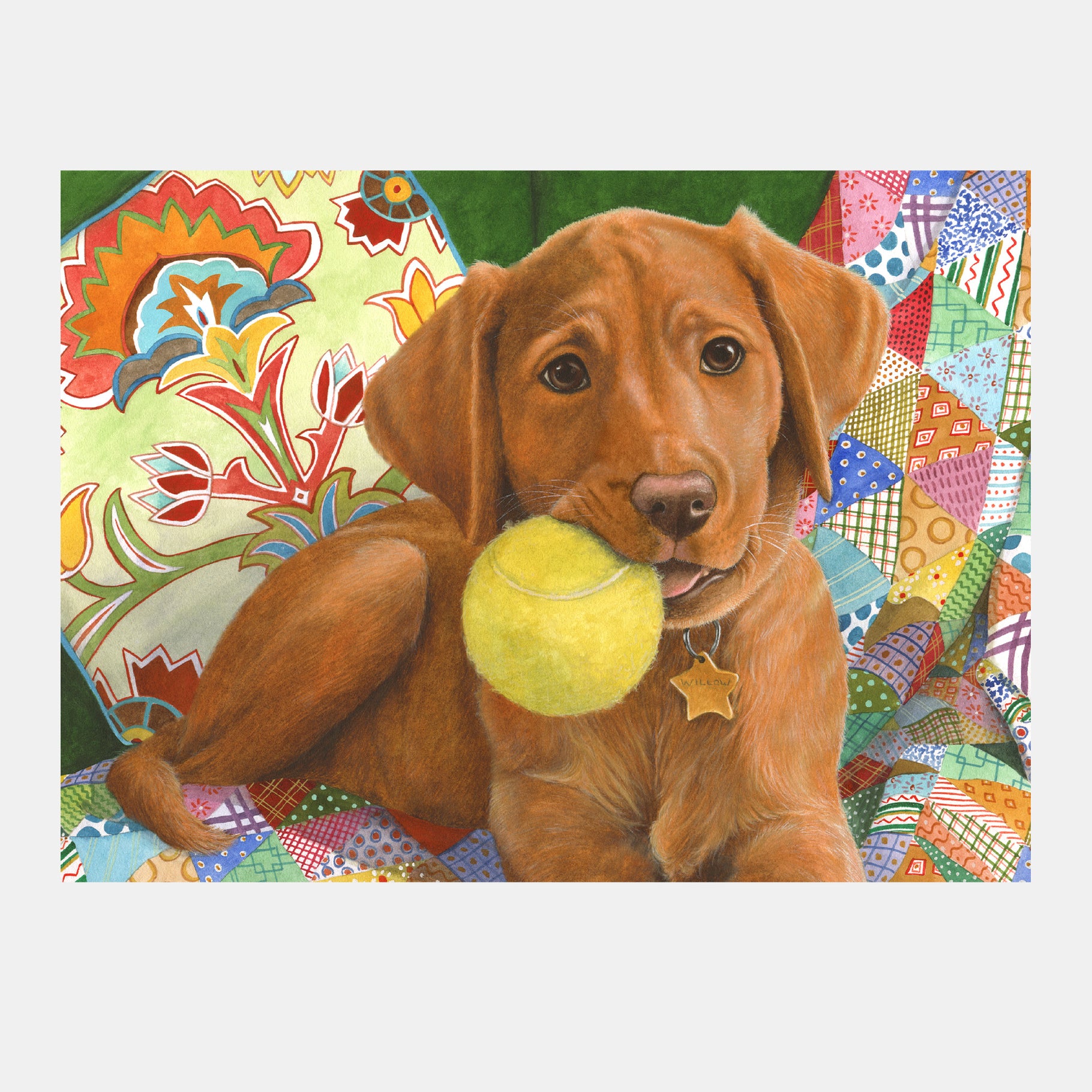 A dog with a tennis ball on a colorful quilt, ideal for dementia activities, gifts, and sensory engagement for the elderly.
