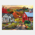 A vibrant farm scene with a red barn, tractor, and autumn trees, ideal for dementia activities like puzzles and reminiscence.|market_au_ca_dk_fi_fr_international_ie_it_nl_pt_es_se_gb_us