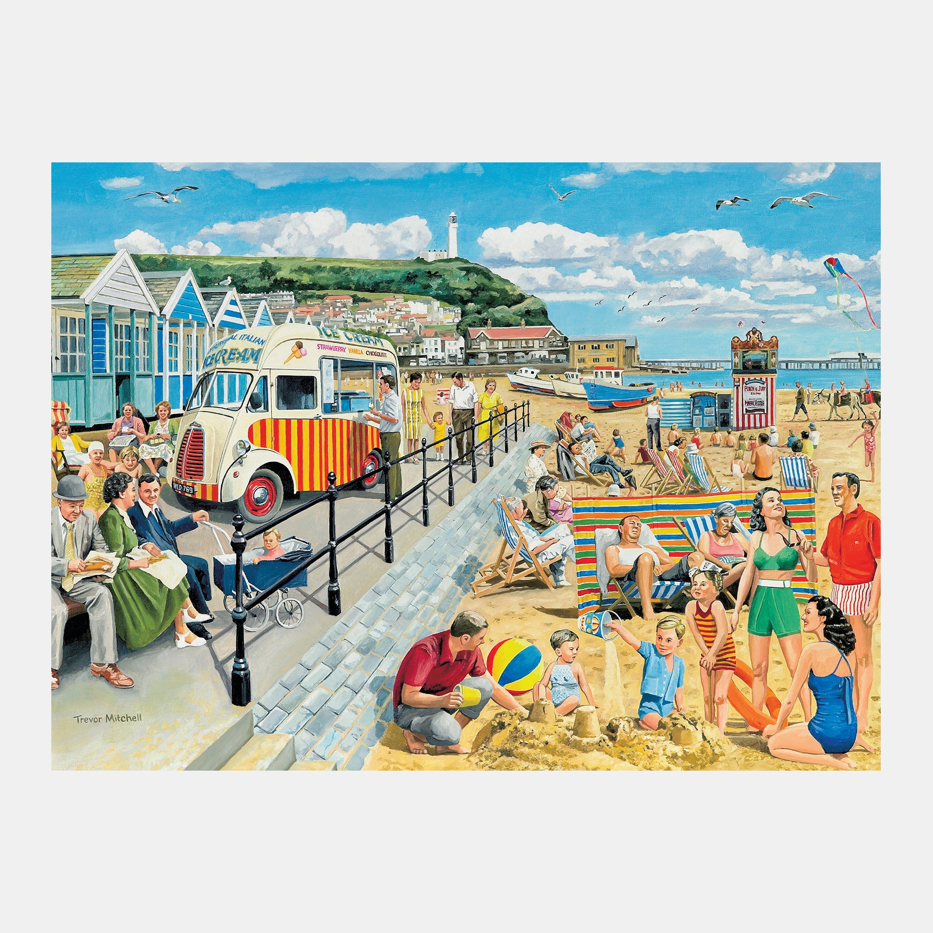 Beach scene with families, ice cream van, and sandcastles, ideal for dementia activities, gifts, and care home engagement.