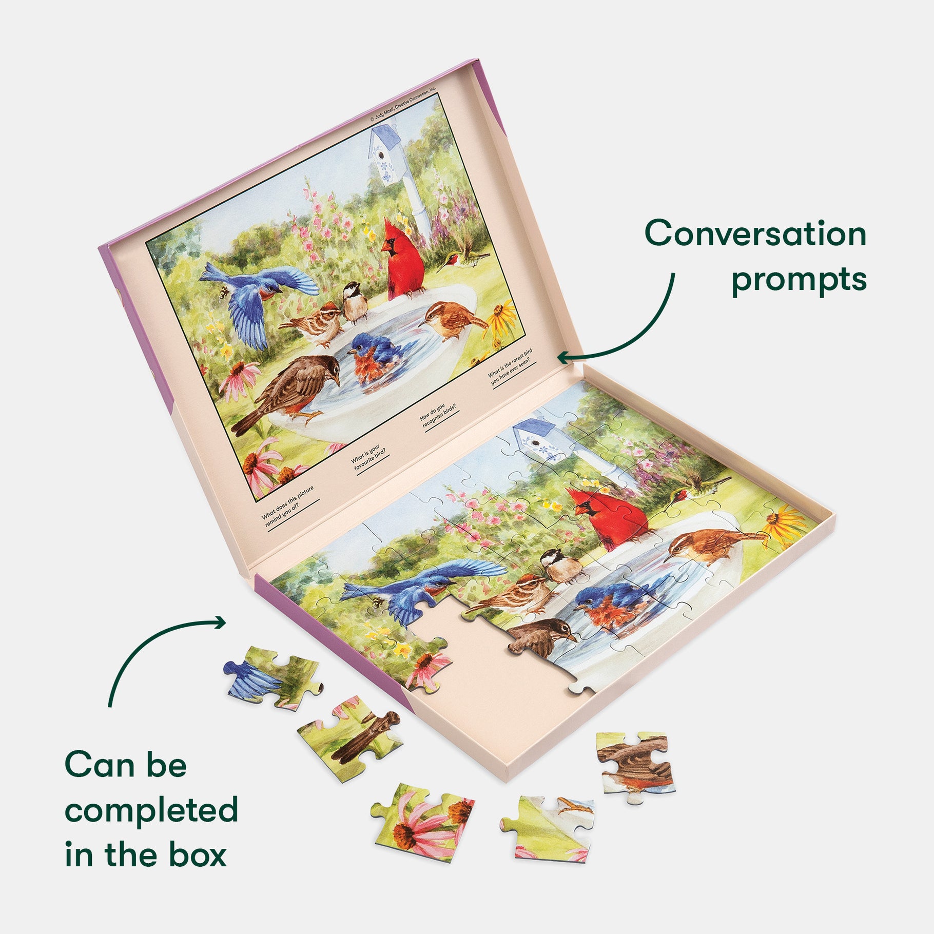 Puzzle with bird scene and conversation prompts, ideal for dementia activities in care homes, fostering engagement and joy.