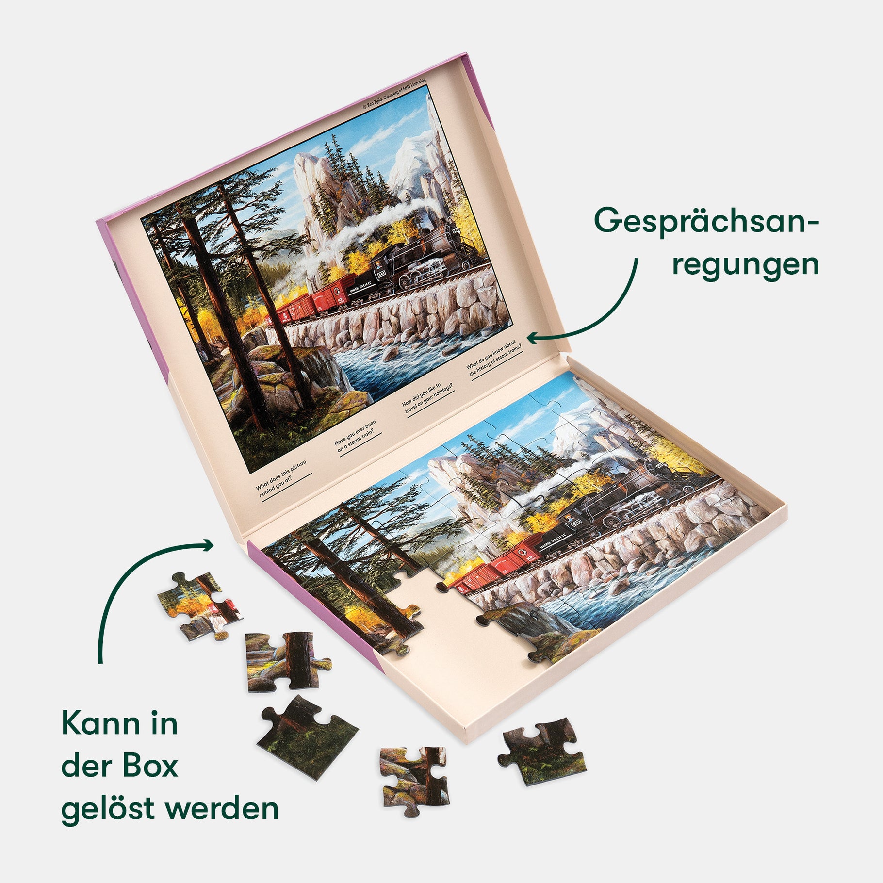 Puzzle for people living with dementia in care homes, featuring a scenic train, ideal for activities for elderly with Alzheimer's.