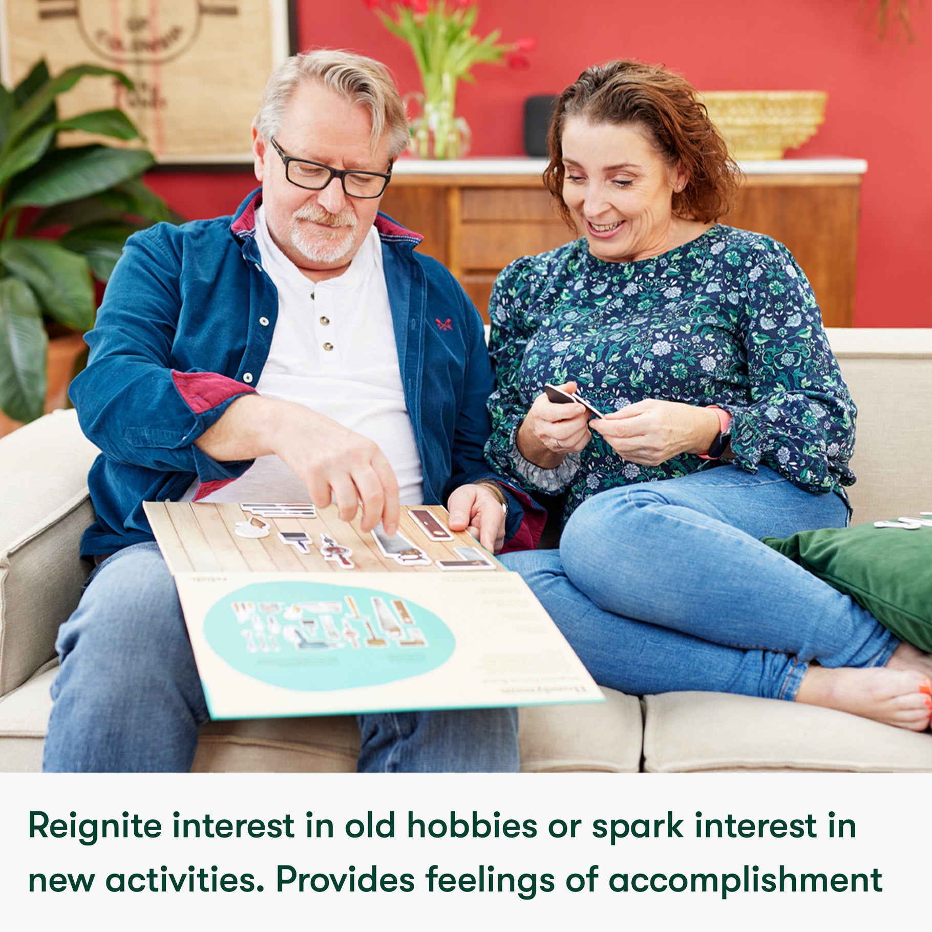 A couple enjoys a crafting activity together, promoting engagement and accomplishment for those with Alzheimer's or dementia.