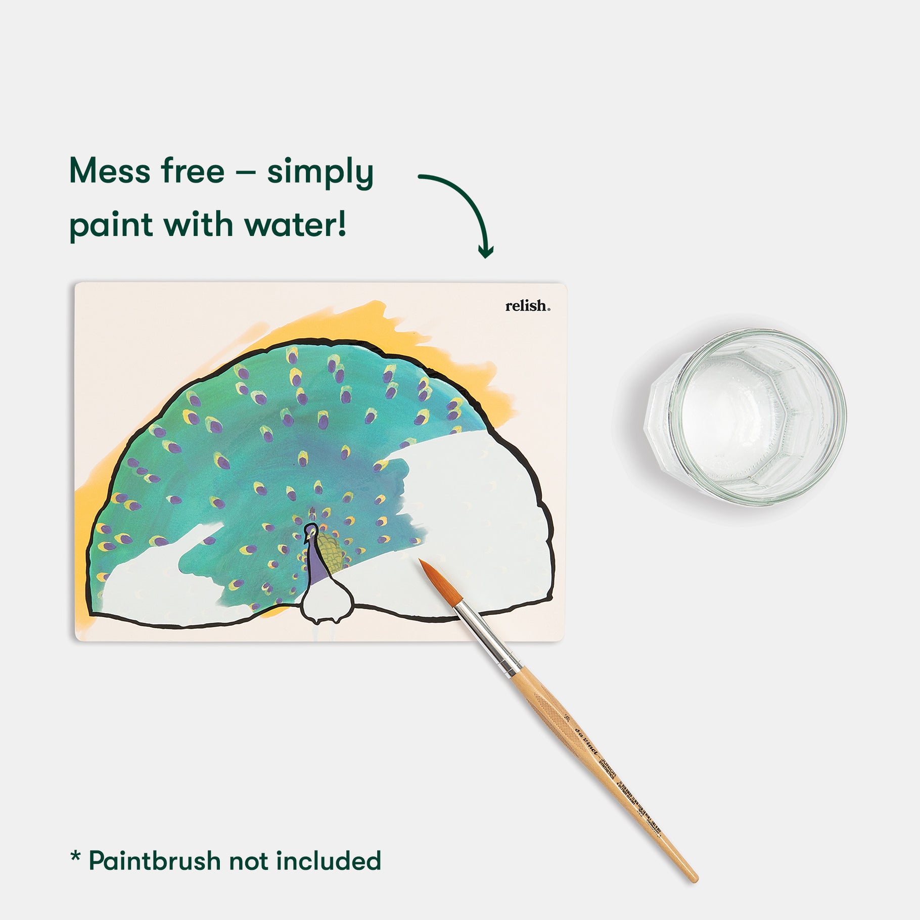 Mess-free watercolour painting of a peacock on Relish's dementia-friendly product packaging.