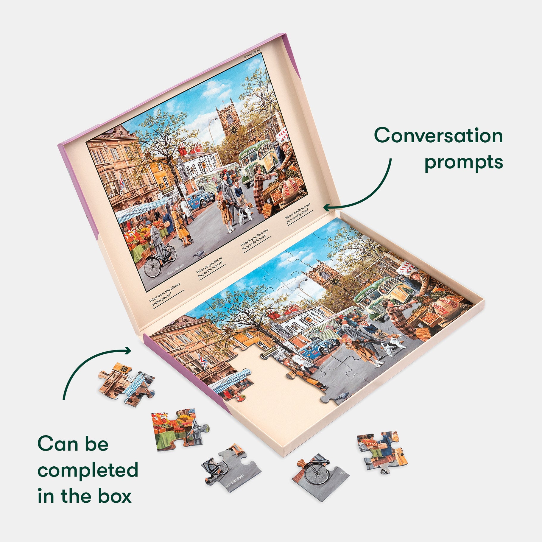 Puzzle with conversation prompts, ideal for dementia activities in care homes. Enhances engagement for elderly residents.
