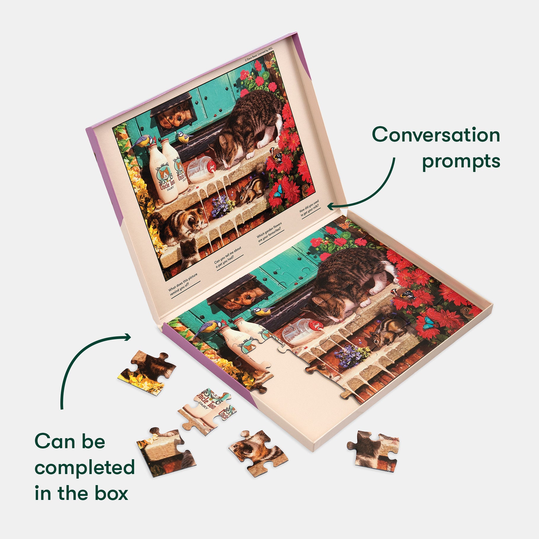 Puzzle designed for dementia, featuring conversation prompts and an in-box completion option.