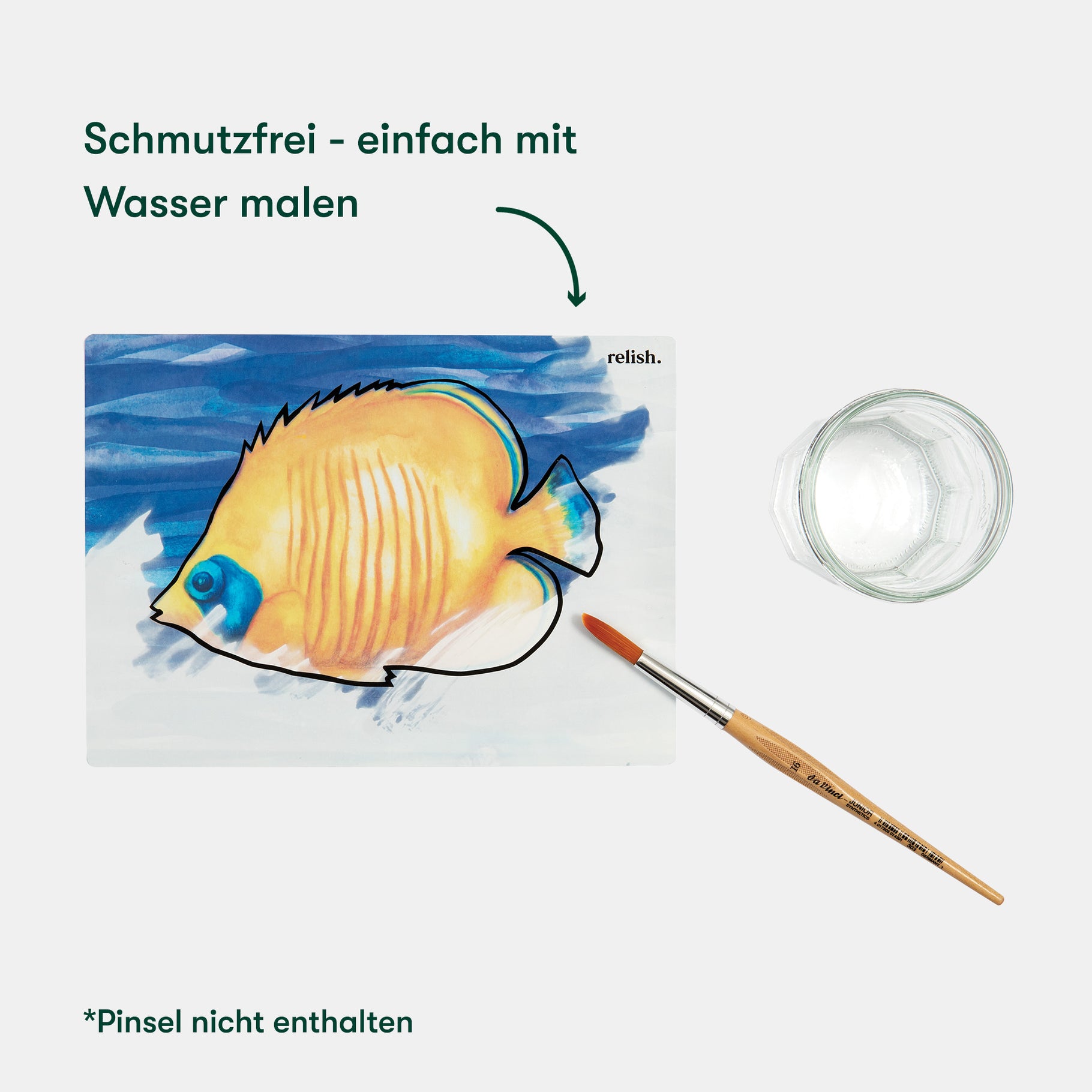 Aqua painting kit for dementia care: fish design, brush, and jar. Ideal for elderly activities in care homes.