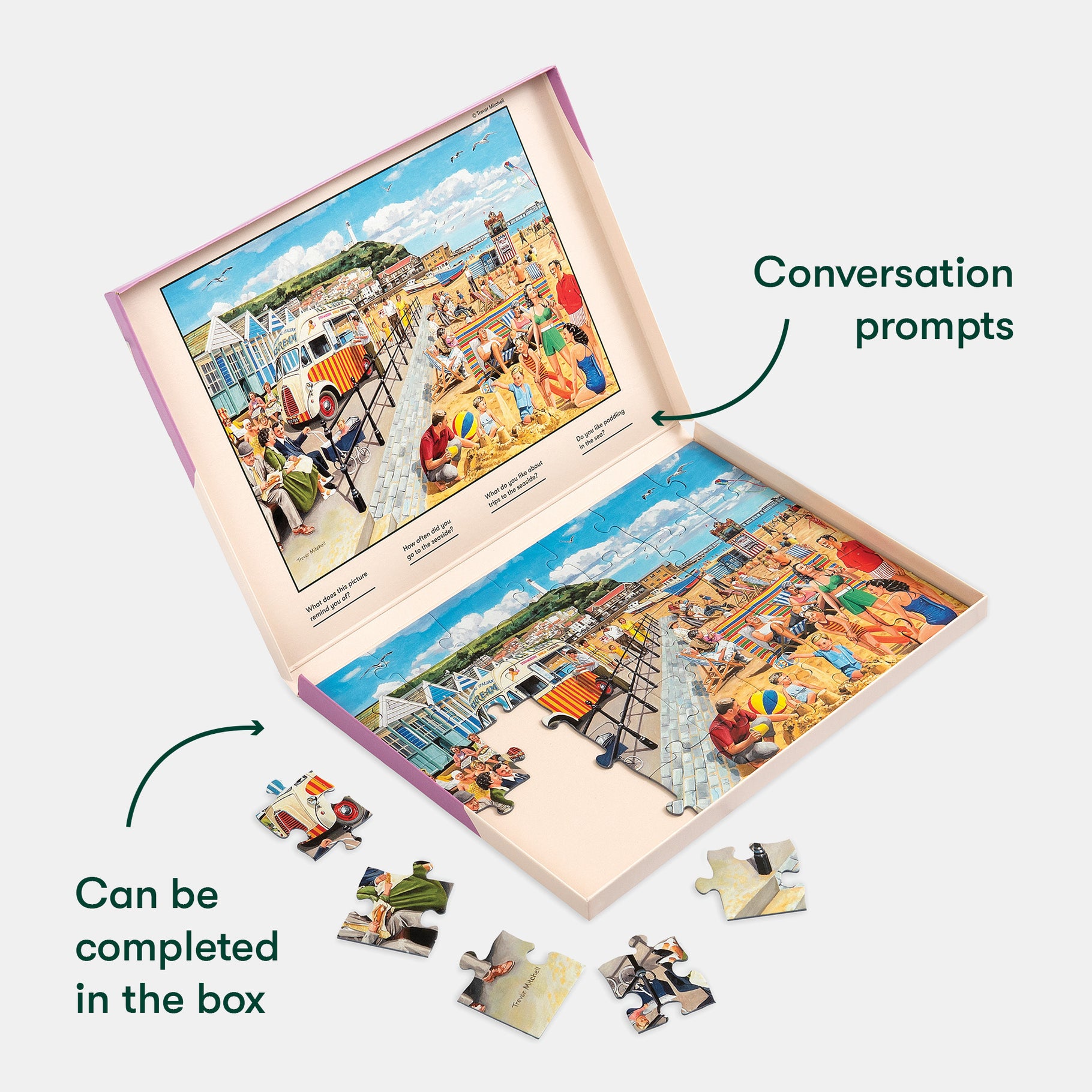Puzzle box with a colourful seaside image, featuring conversation prompts and highlighting suitability for dementia care.