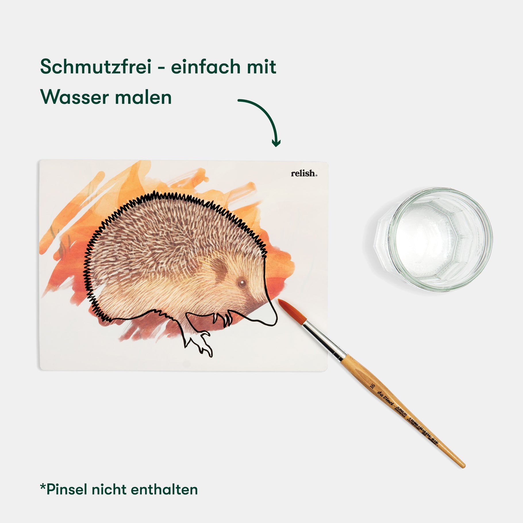 Aqua painting for dementia: hedgehog art, brush, water jar. Ideal activities for elderly in care homes, fostering engagement.