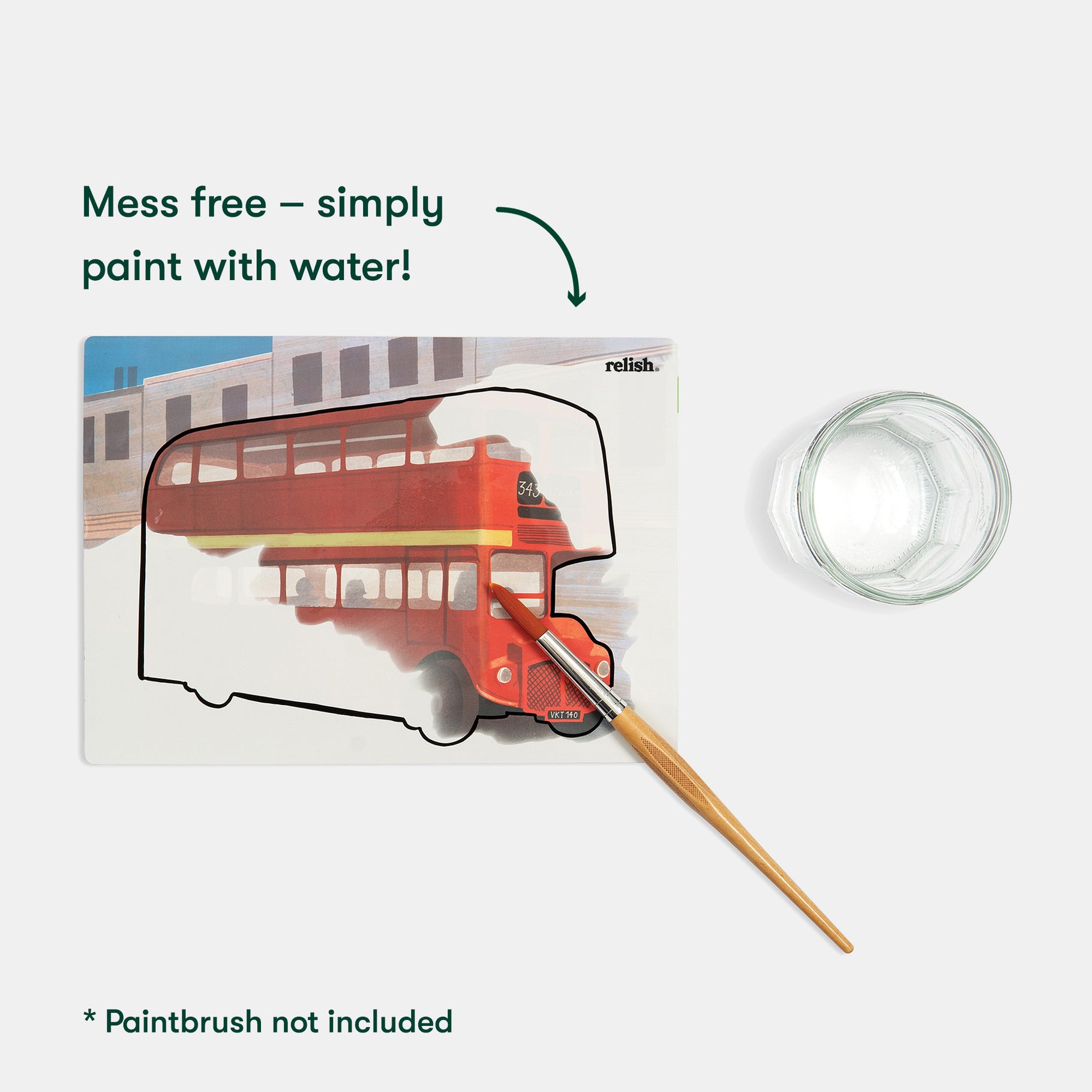 Water painting mat of a red bus from Relish, designed for those with dementia; "paint" with water for mess-free fun.