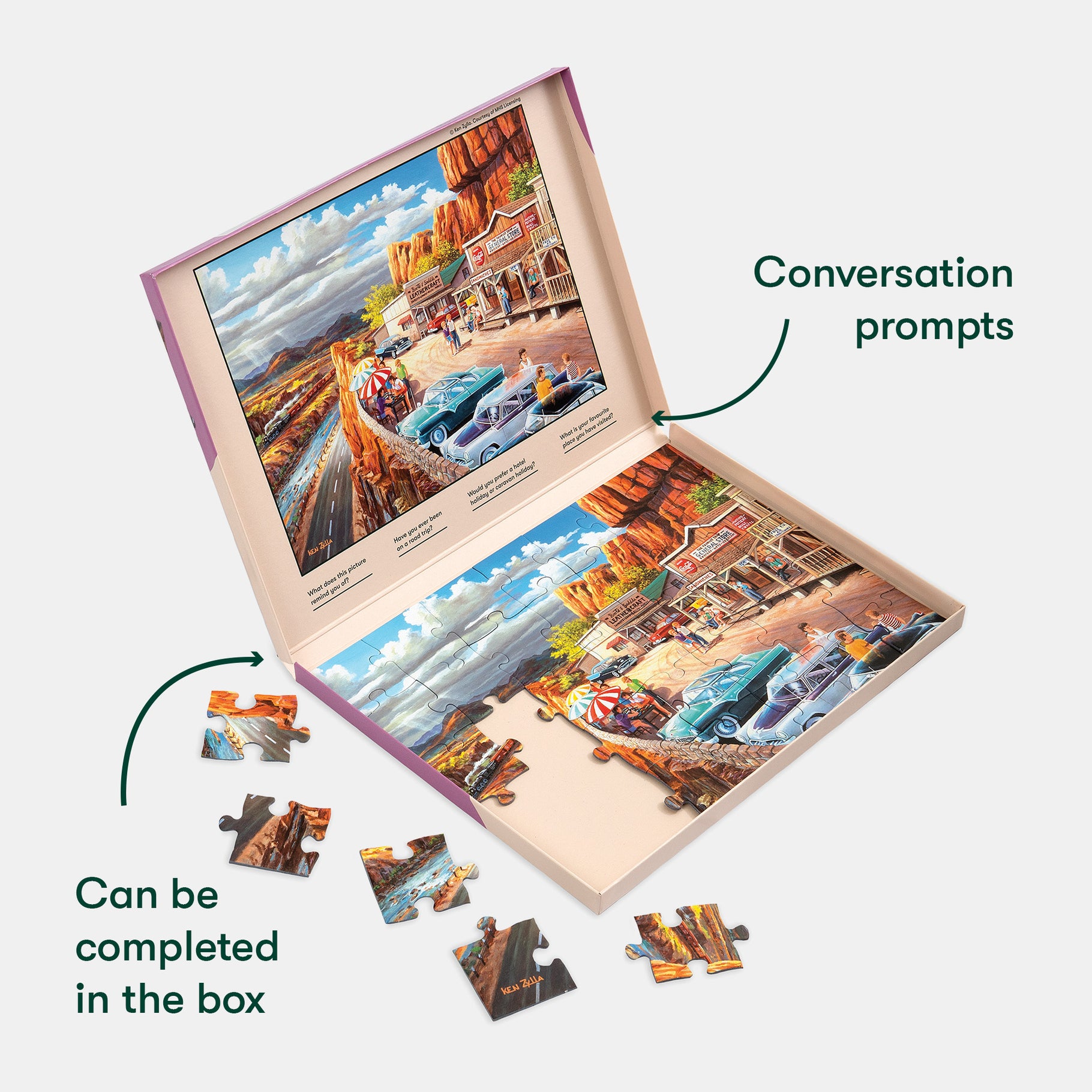 Puzzle with retro cars and scenic roads, designed for Alzheimer's care, includes conversation prompts and box completion.
