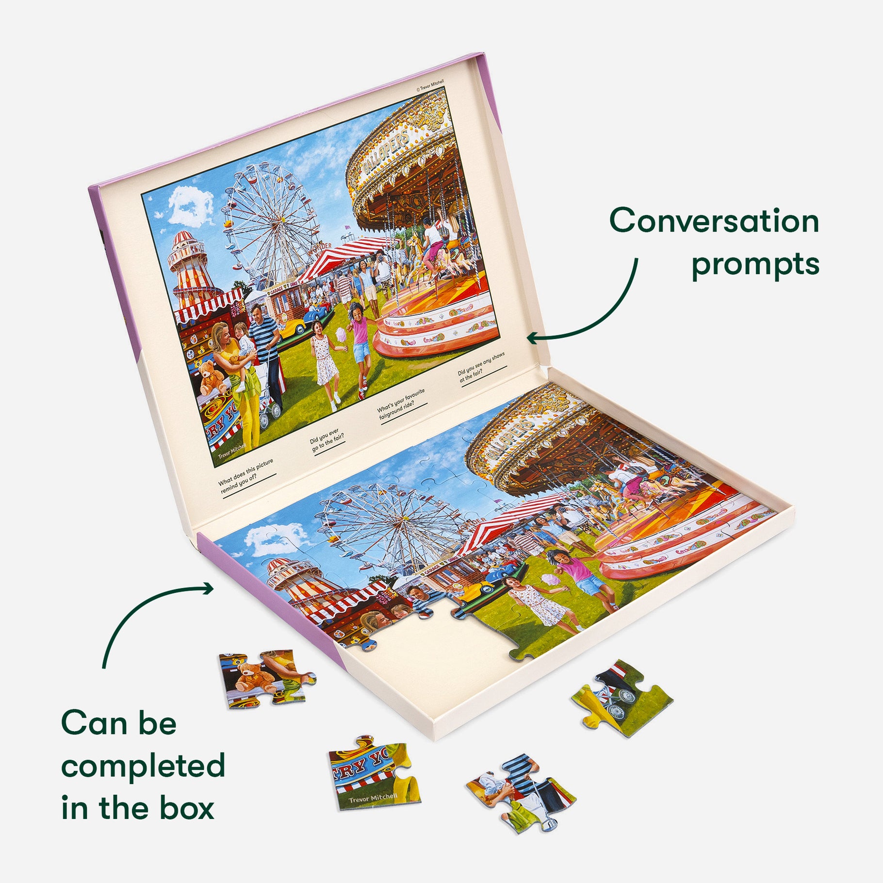 Puzzle with a carnival scene, designed for those with dementia, includes conversation prompts and can be completed in the box.