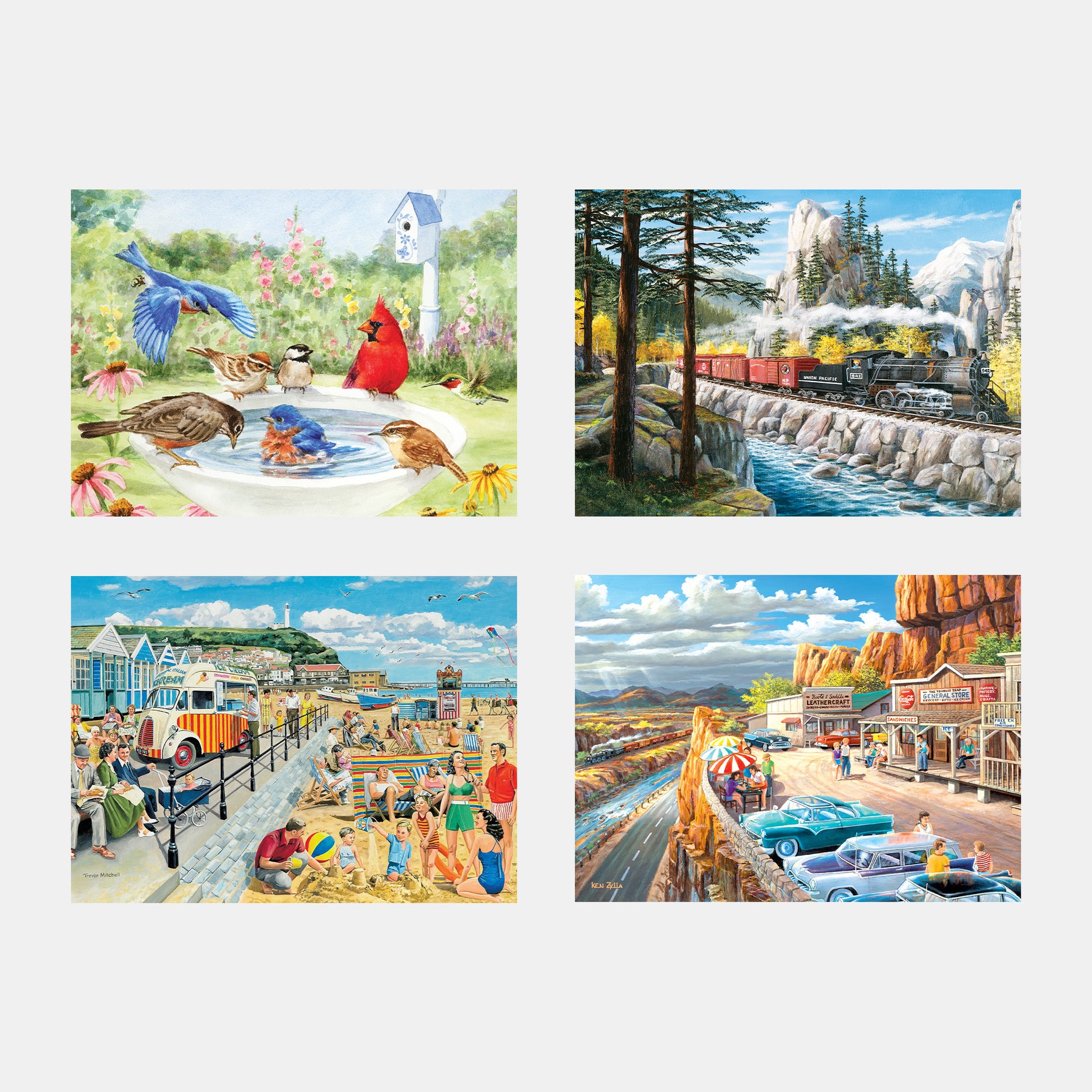 Four colourful, nostalgic scenes depicting nature and leisure, designed to engage individuals with dementia and Alzheimer's.