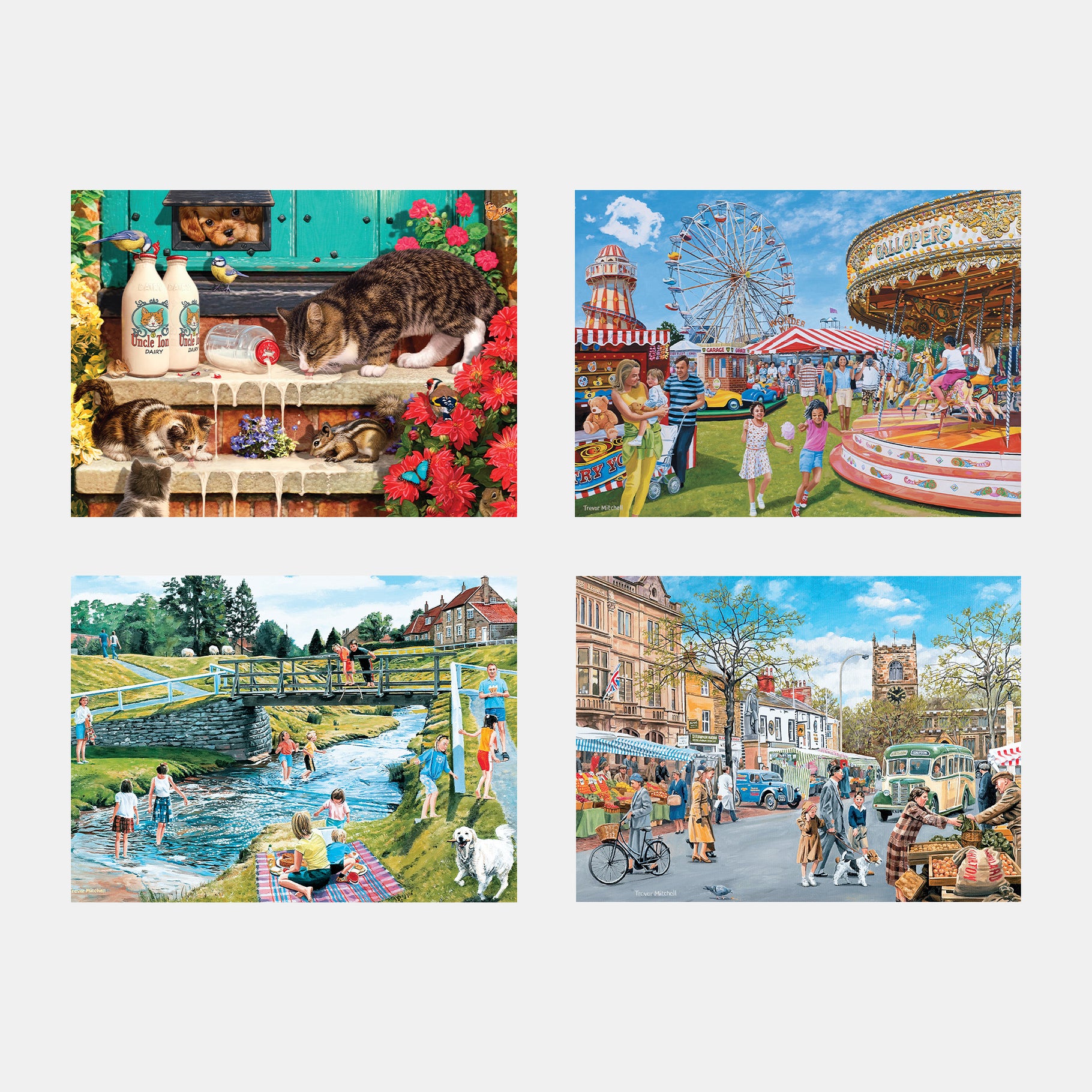 Four puzzle pack depicting cats, a fairground, a riverside, and a bustling street, evoking a joyful, timeless mood.