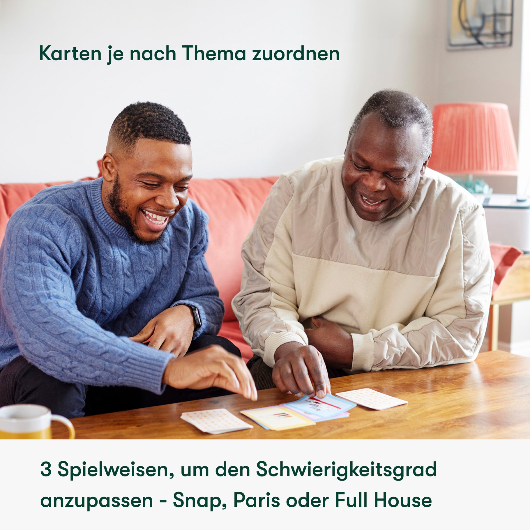 Two men enjoy card games, ideal activities for dementia patients and care home residents, fostering joy and connection.