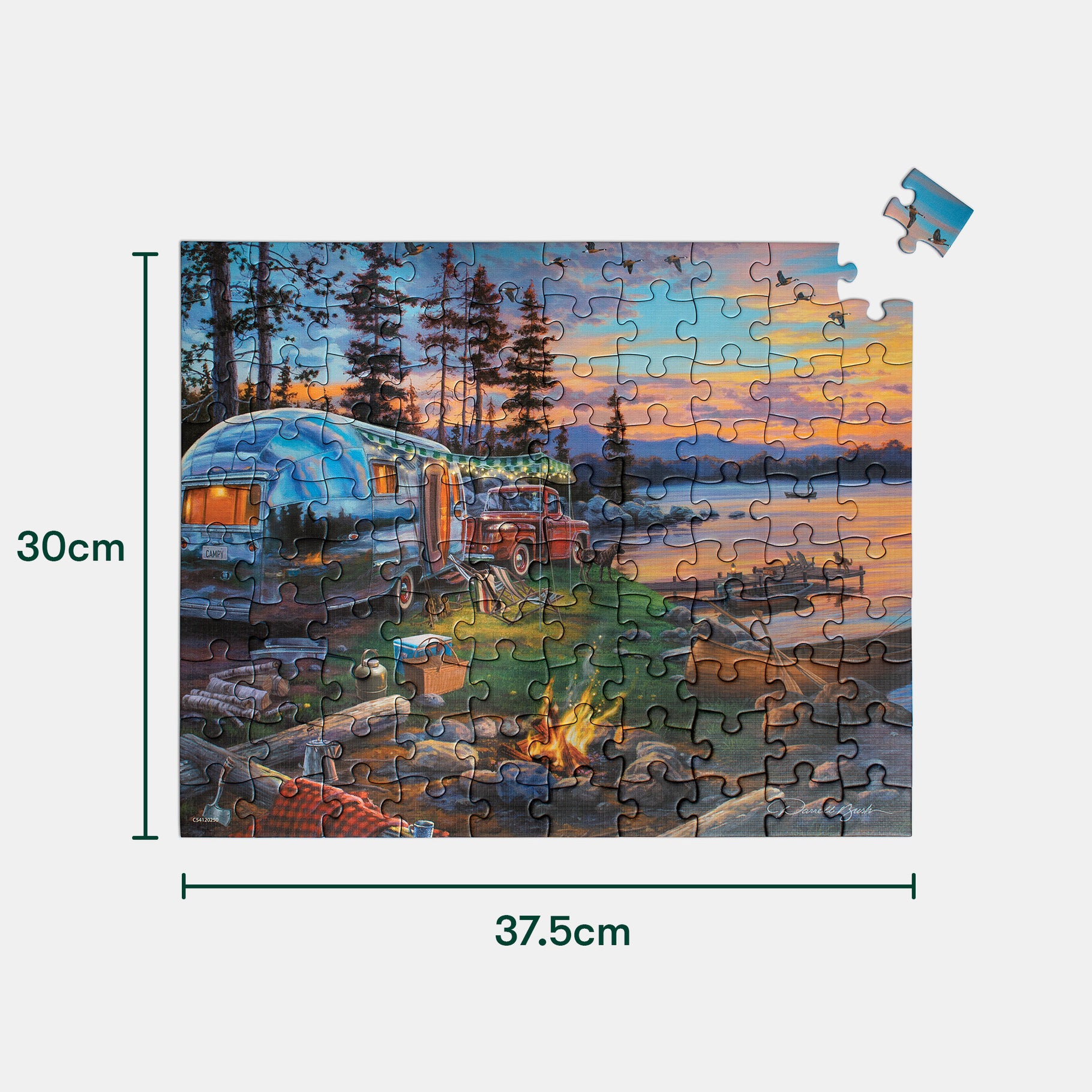 Jigsaw puzzle depicting a serene lakeside camping scene, ideal for dementia activities, gifts, and care home activities.