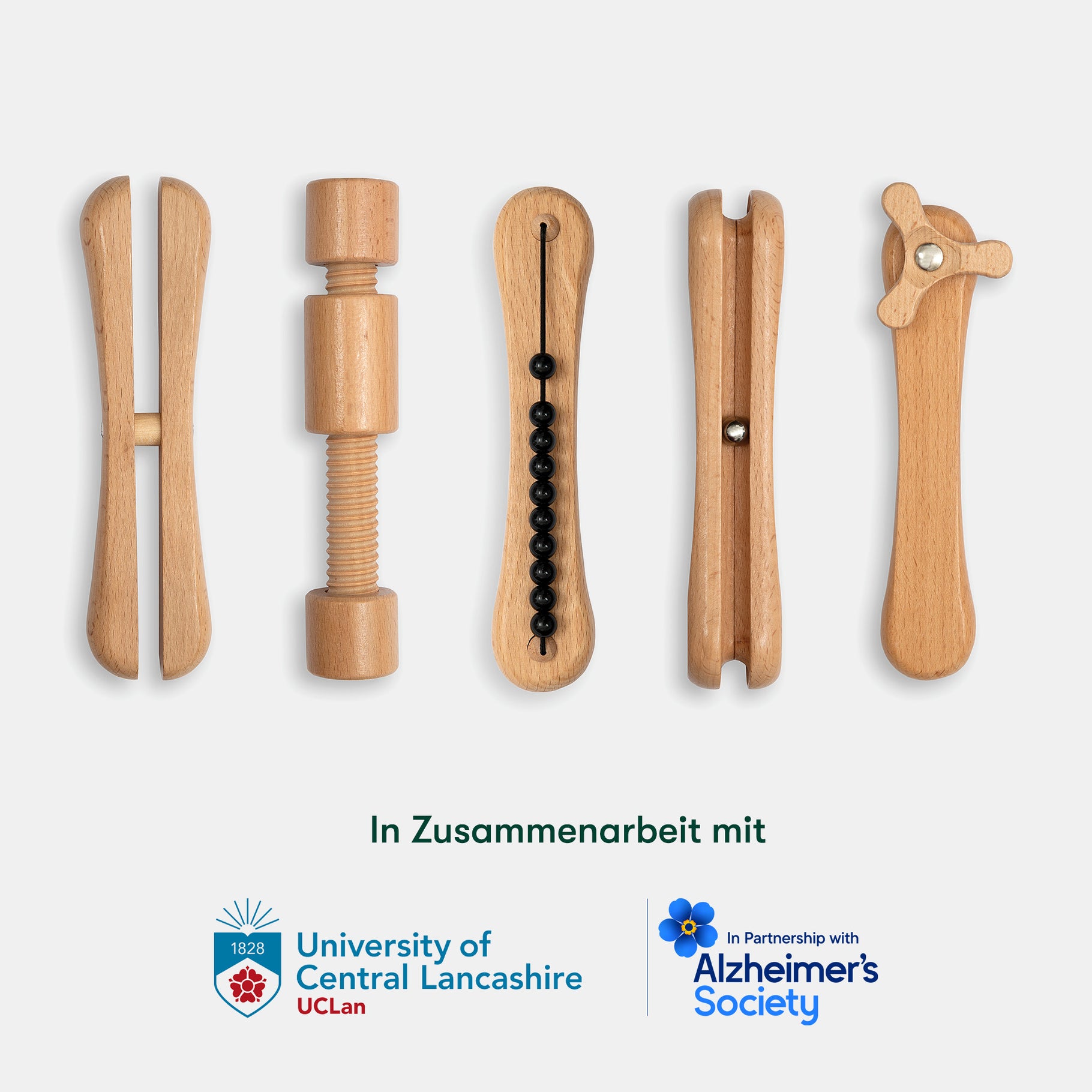 Wooden fidget toys for dementia patients, ideal for care home activities, promoting engagement and sensory interaction.