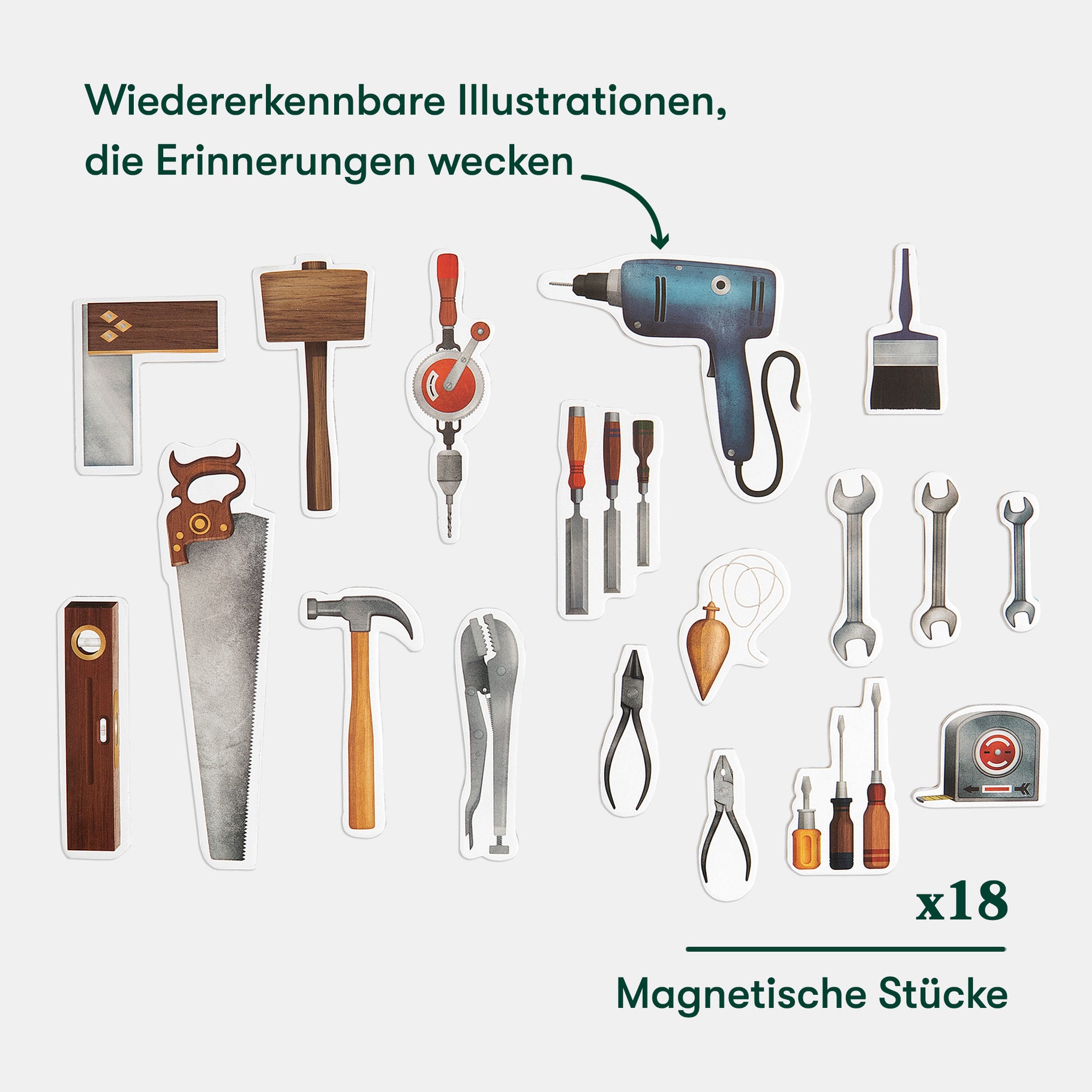 Magnetic tool illustrations for dementia activities, ideal for care homes and gifts for elderly with Alzheimer's.