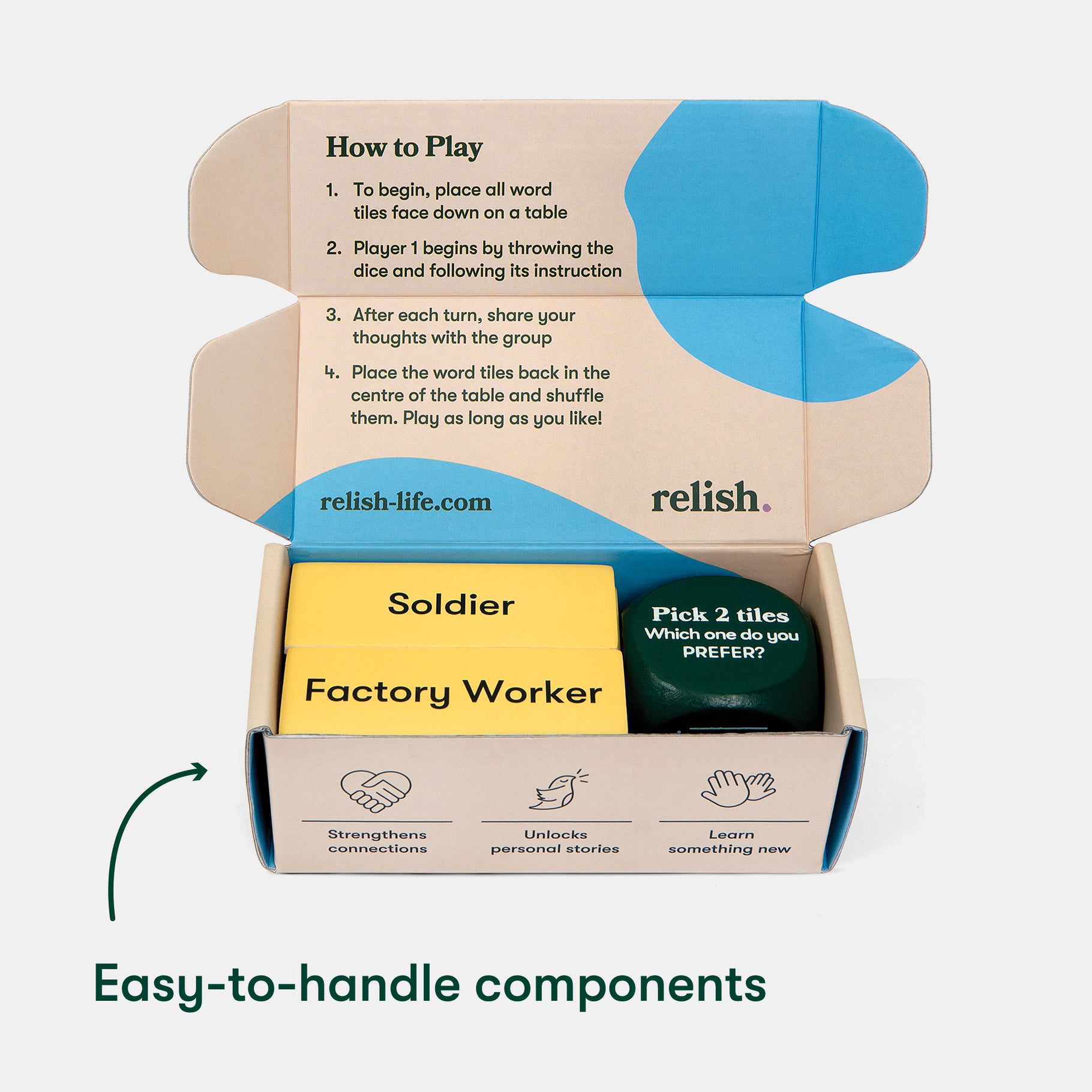 Game box for dementia patients with tiles and dice, promoting care home activities and engagement for people with dementia.