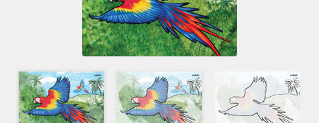 A vibrant parrot aqua painting for dementia games, toys, and puzzles, featured in a dementia store with dementia products.