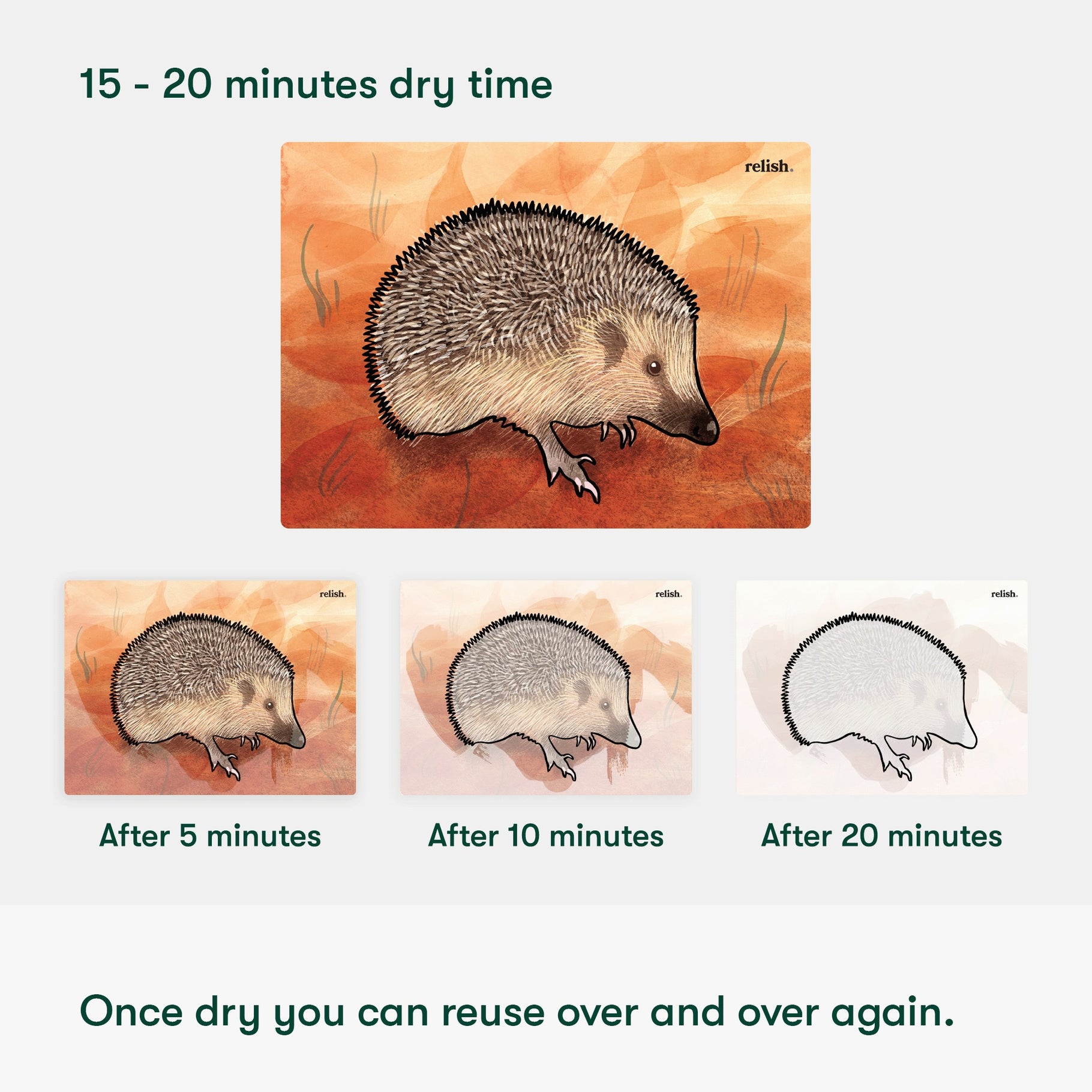 Hedgehog-themed painting that gradually fades, designed for dementia stimulation on Relish's platform; reusable after drying.