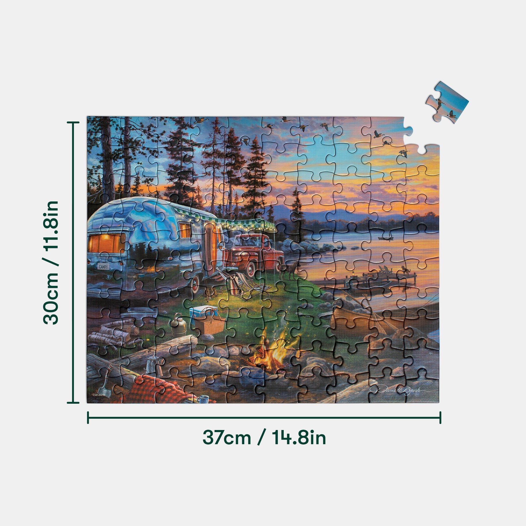 Puzzle depicting a serene lakeside camping scene at sunset, designed to aid dementia engagement.