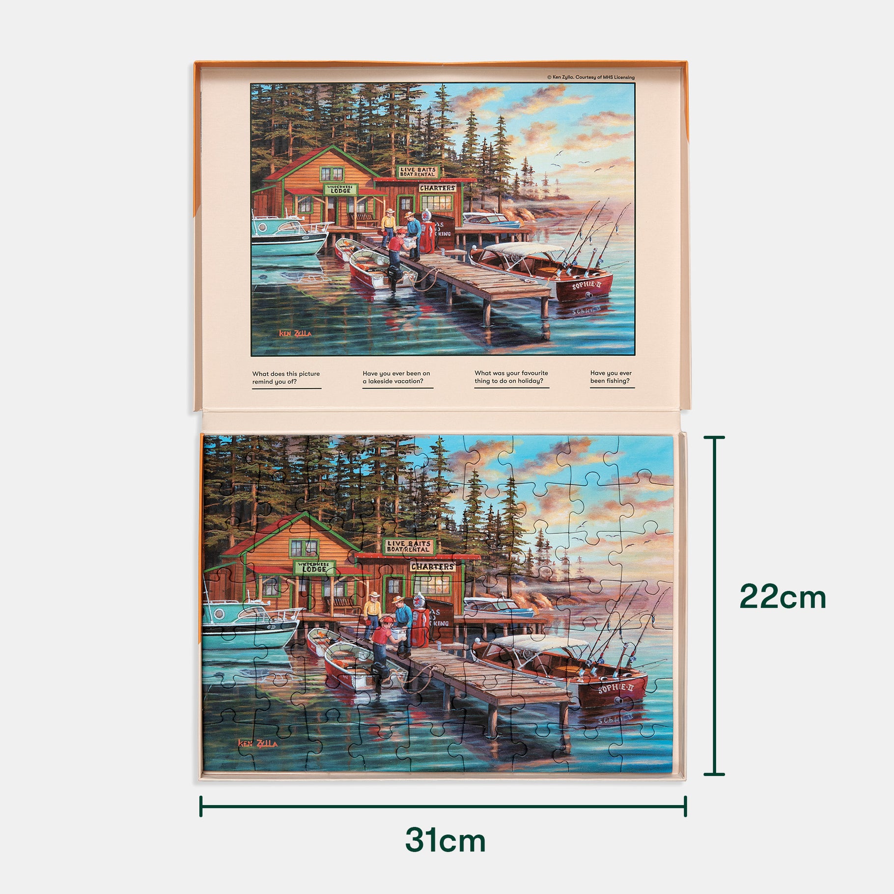 Puzzle for dementia patients featuring a serene lakeside scene, ideal for care home activities and cognitive engagement.
