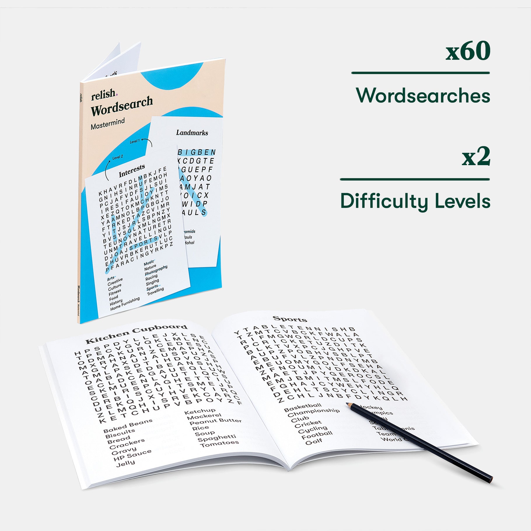 Wordsearch book with 60 puzzles, 2 difficulty levels, ideal for dementia activities, care homes, and elderly engagement.