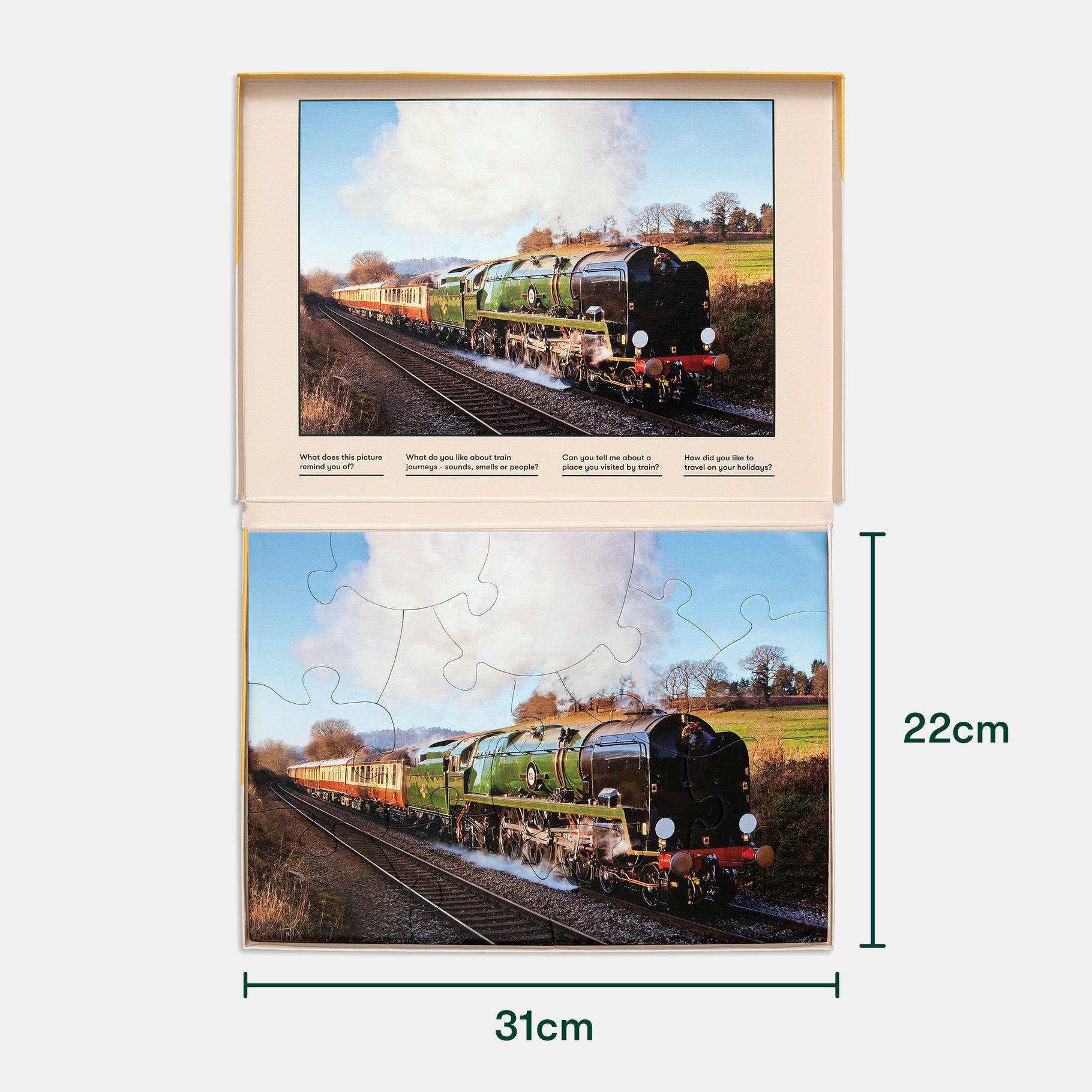 Train puzzle for dementia patients, ideal for care home activities, promoting engagement and joy for the elderly.