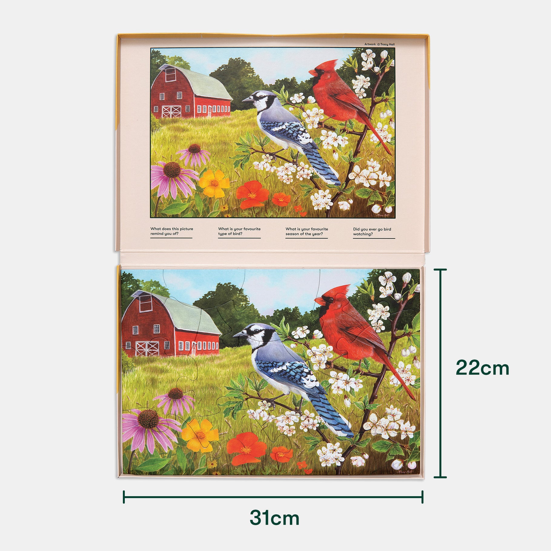 Puzzle with colorful birds and barn, ideal for dementia activities, care home activities, and gifts for people with dementia.